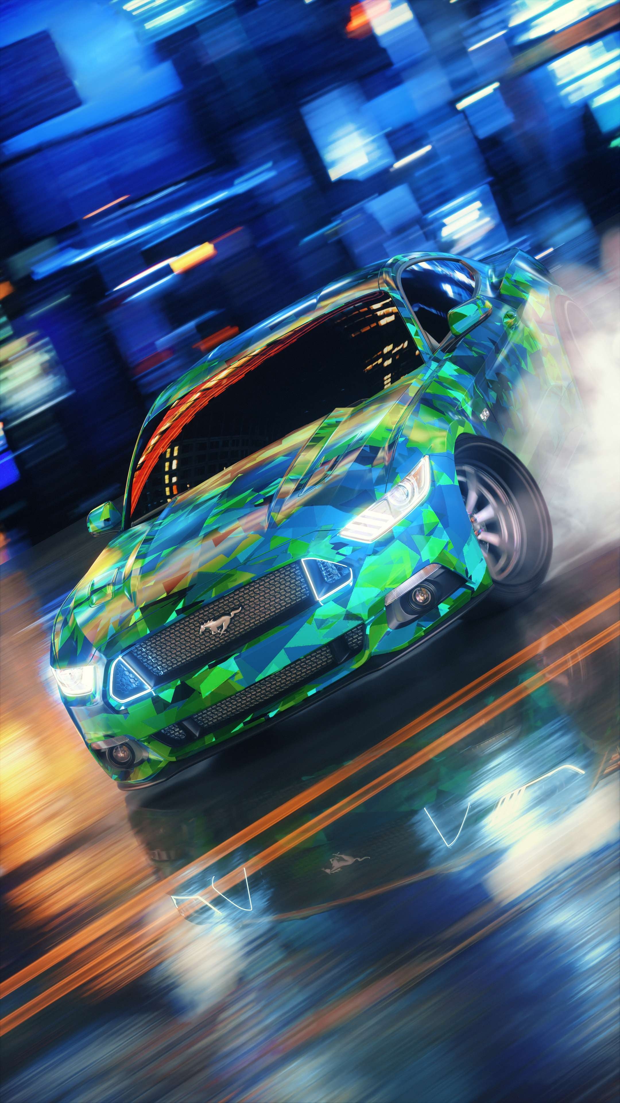 Ford Mustang RTR, geometric camouflage wrap, drifting tire smoke, 4K Phone wallpaper