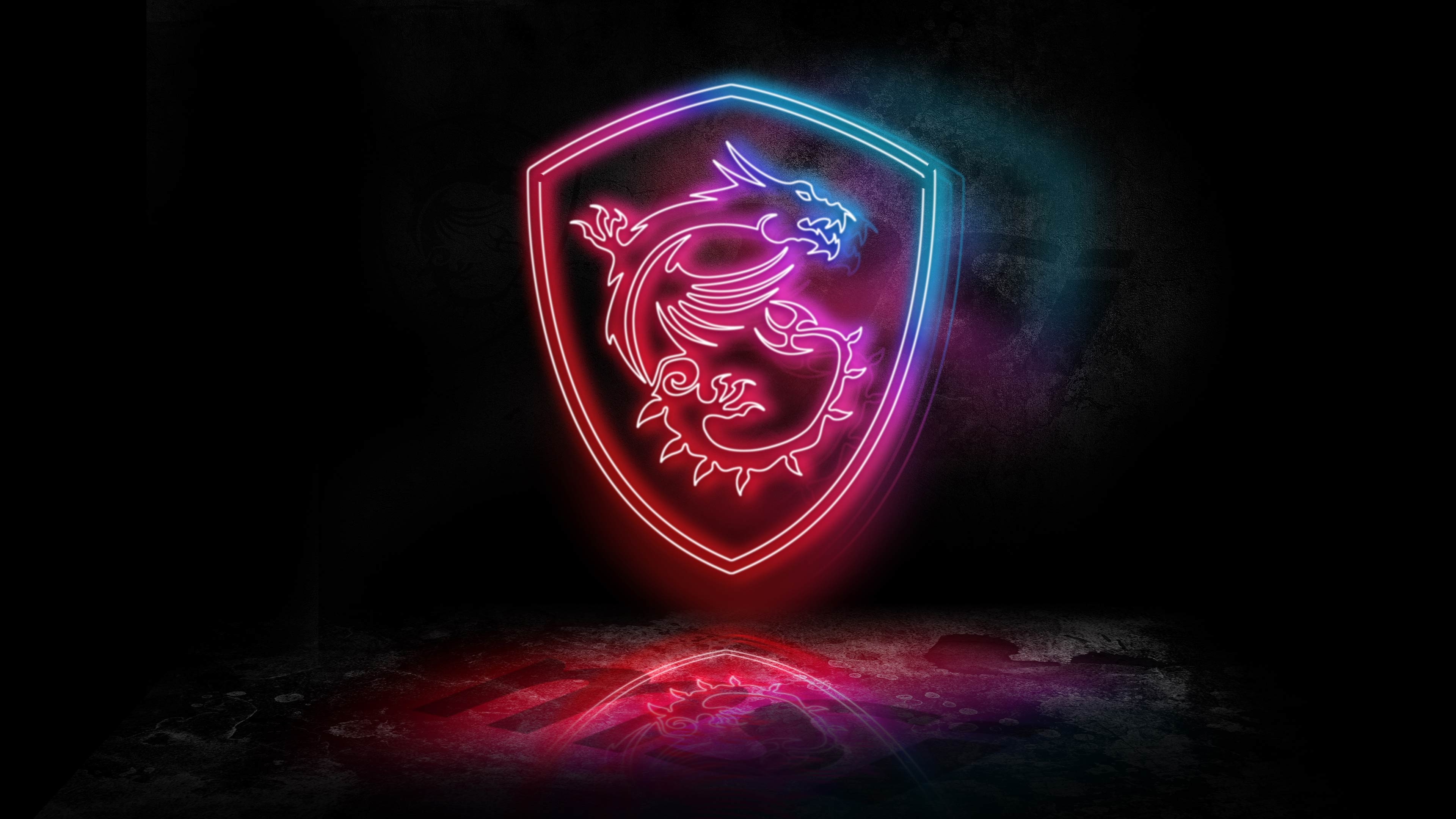 MSI dragon shield logo, glowing neon sign, reflective concrete floor, 4K Desktop wallpaper