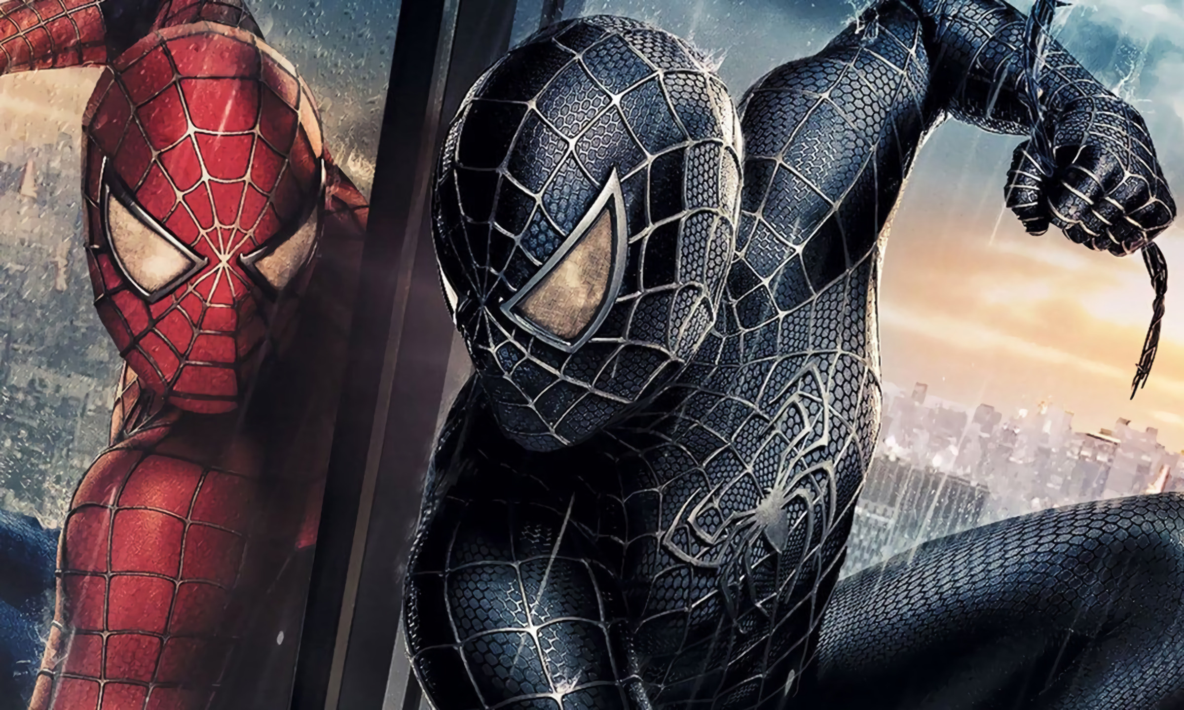 Symbiote Spider-Man, Classic Spider-Man reflection, Rainy New York City skyline, HD Desktop wallpaper