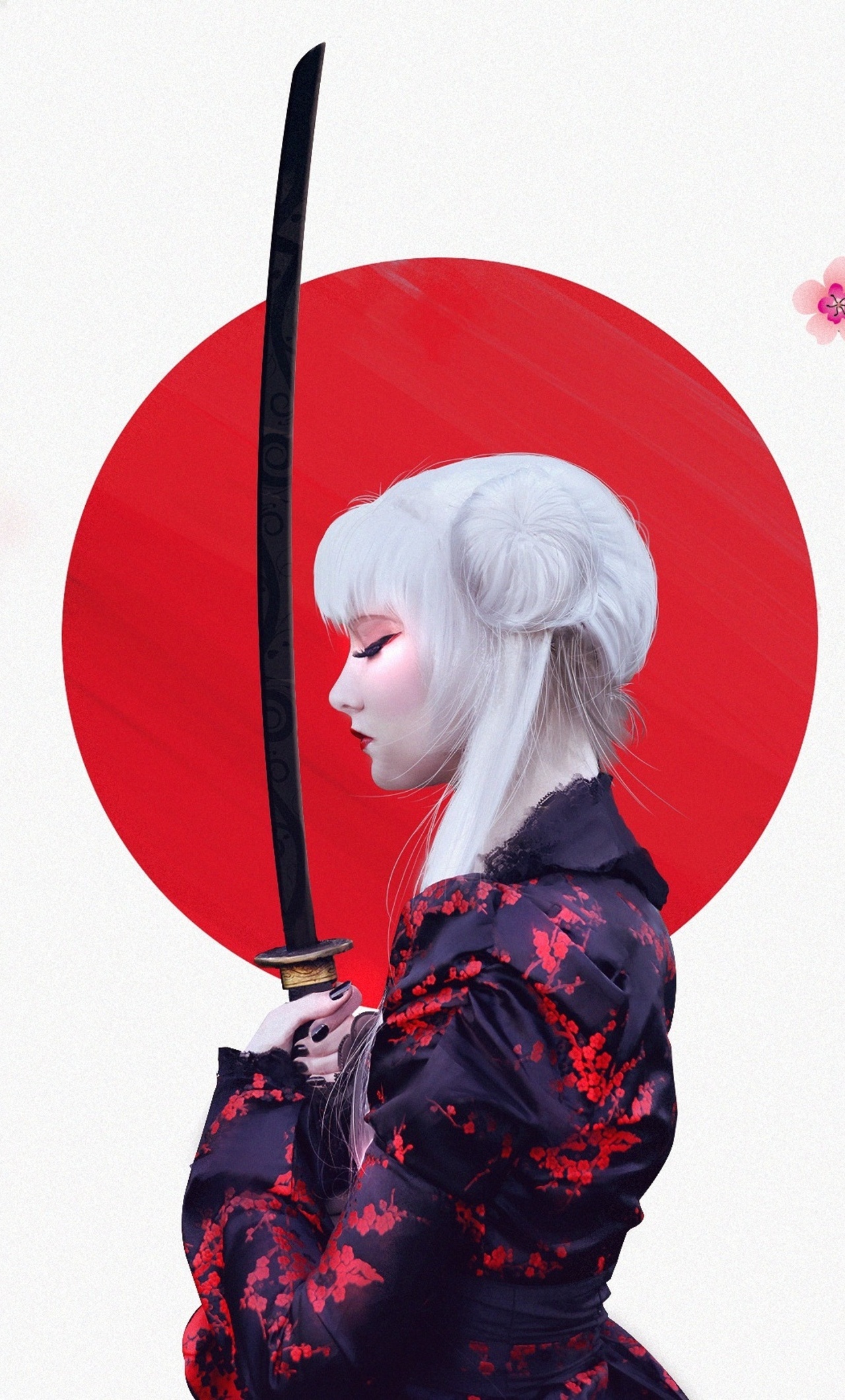 White-haired samurai woman, Black katana sword, Red sun circle graphic, HD Phone wallpaper