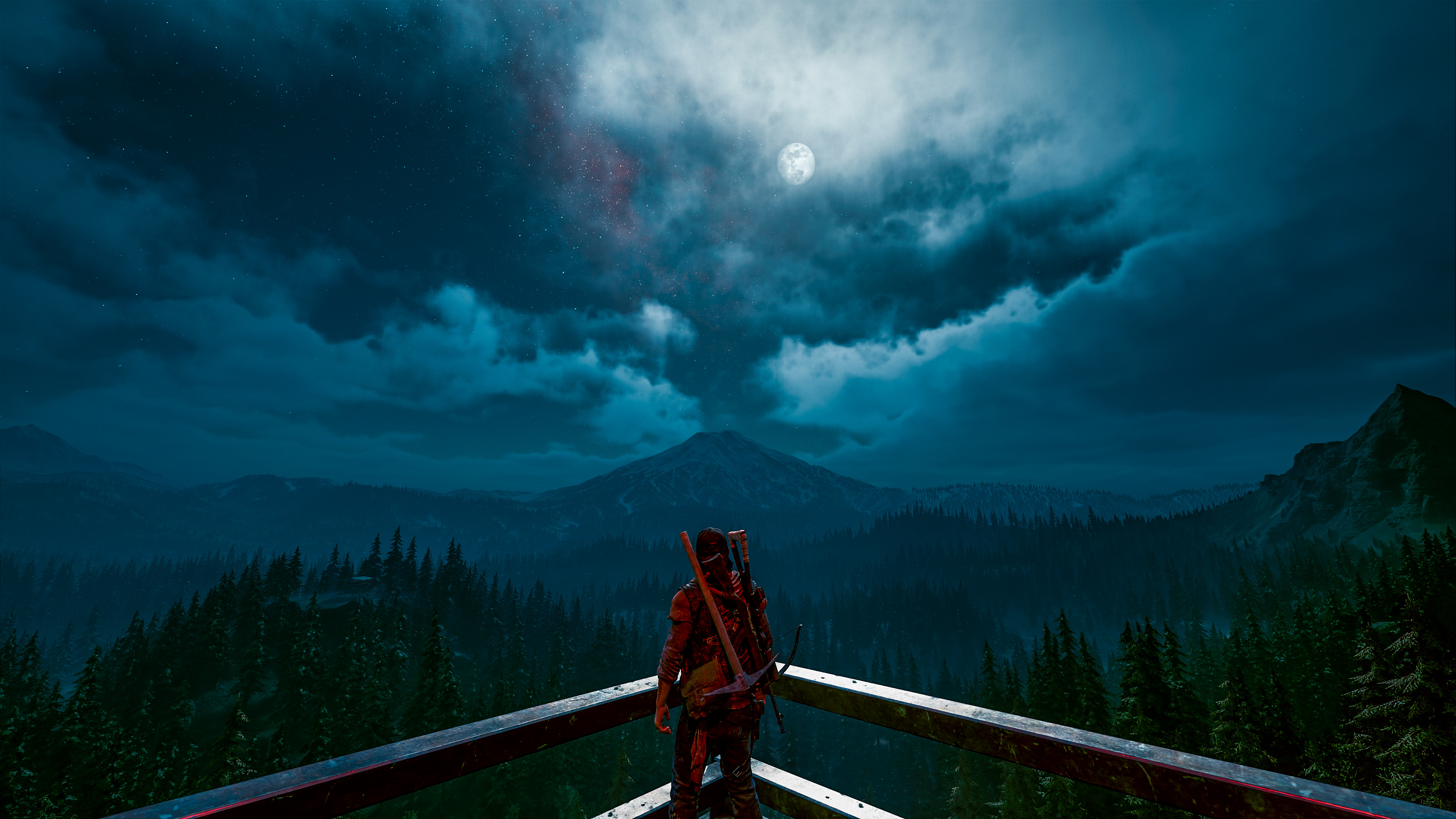 Deacon St. John, fire lookout tower balcony, moonlit cloudy night sky, 4K Desktop wallpaper