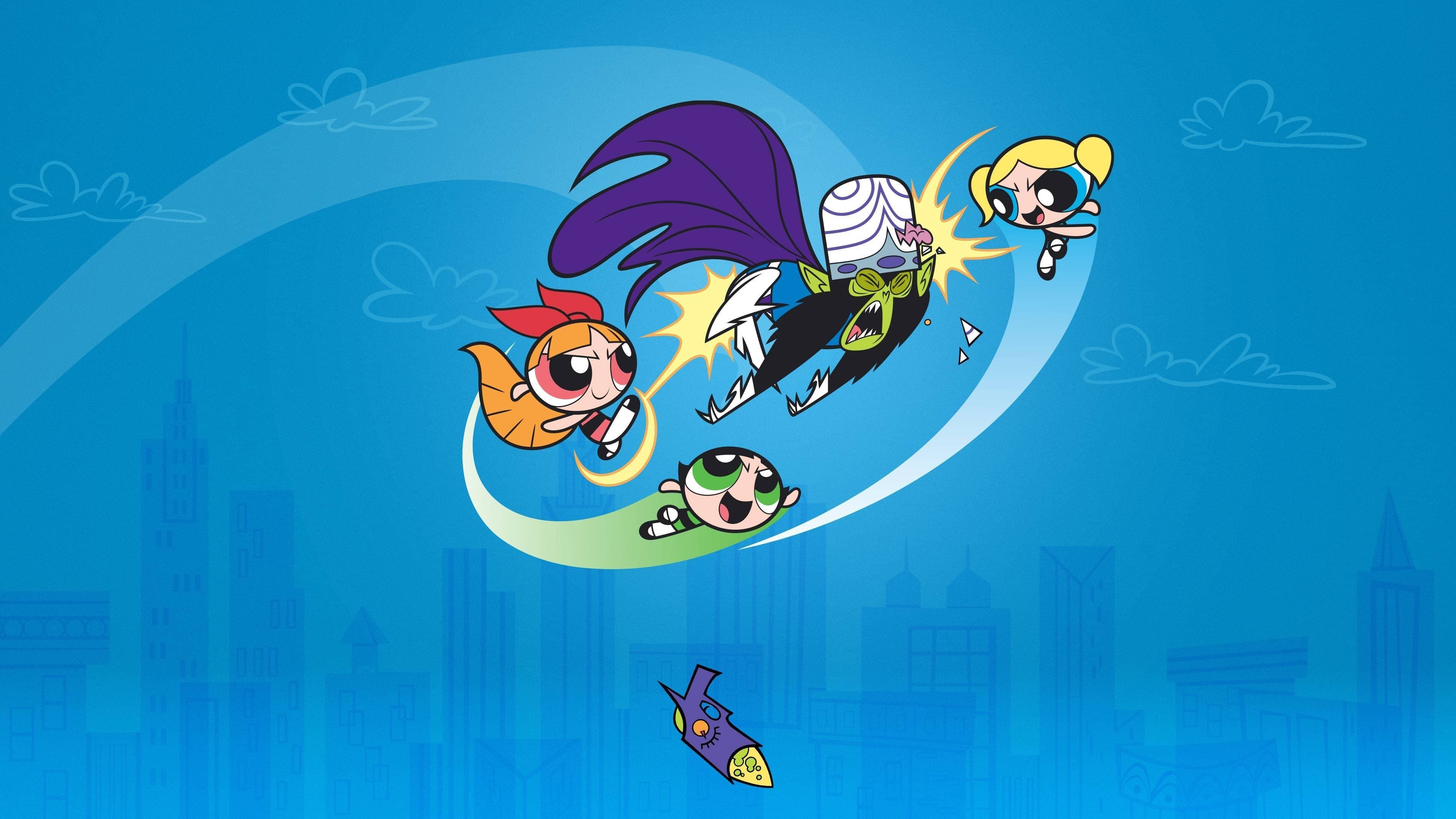 Blossom, Bubbles, Buttercup, Mojo Jojo, Townsville skyline, 4K Desktop wallpaper