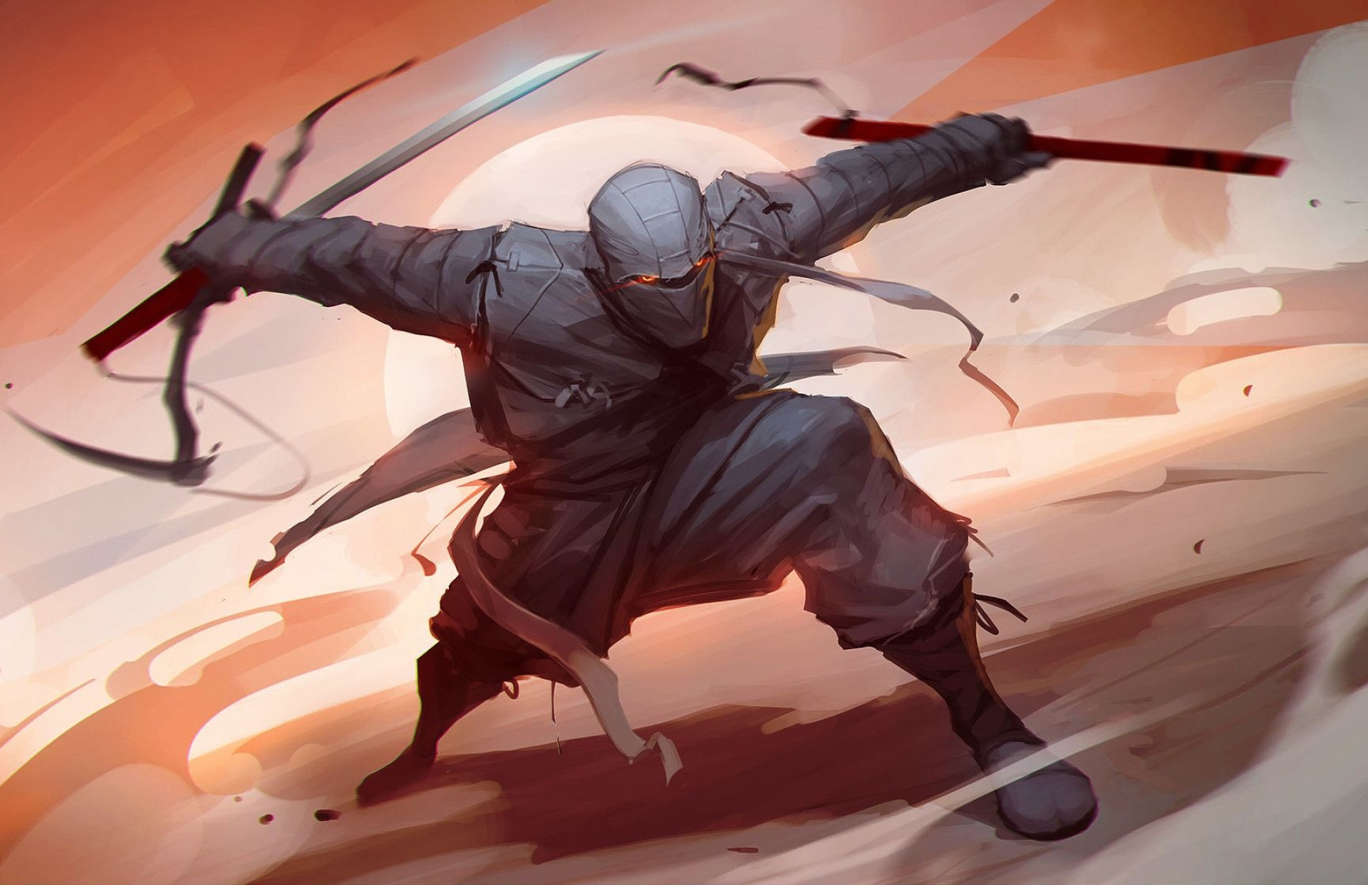 Masked shinobi warrior, Dual ninja blades, Warm sunset sky, HD Desktop wallpaper