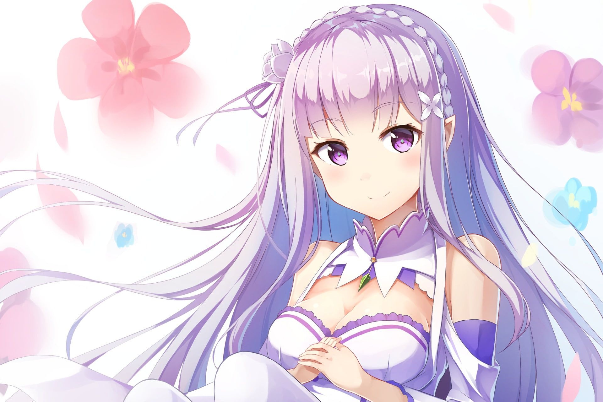 Emilia, Re:Zero Starting Life in Another World, Floating flower petals, HD Desktop wallpaper