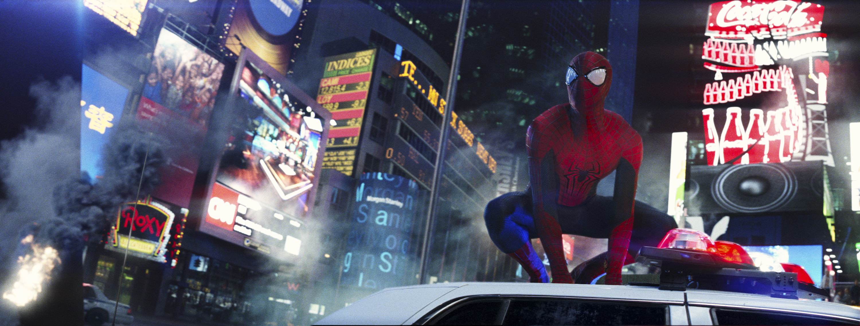 The Amazing Spider-Man, Times Square, NYPD police car, Dual Screen Desktop wallpaper