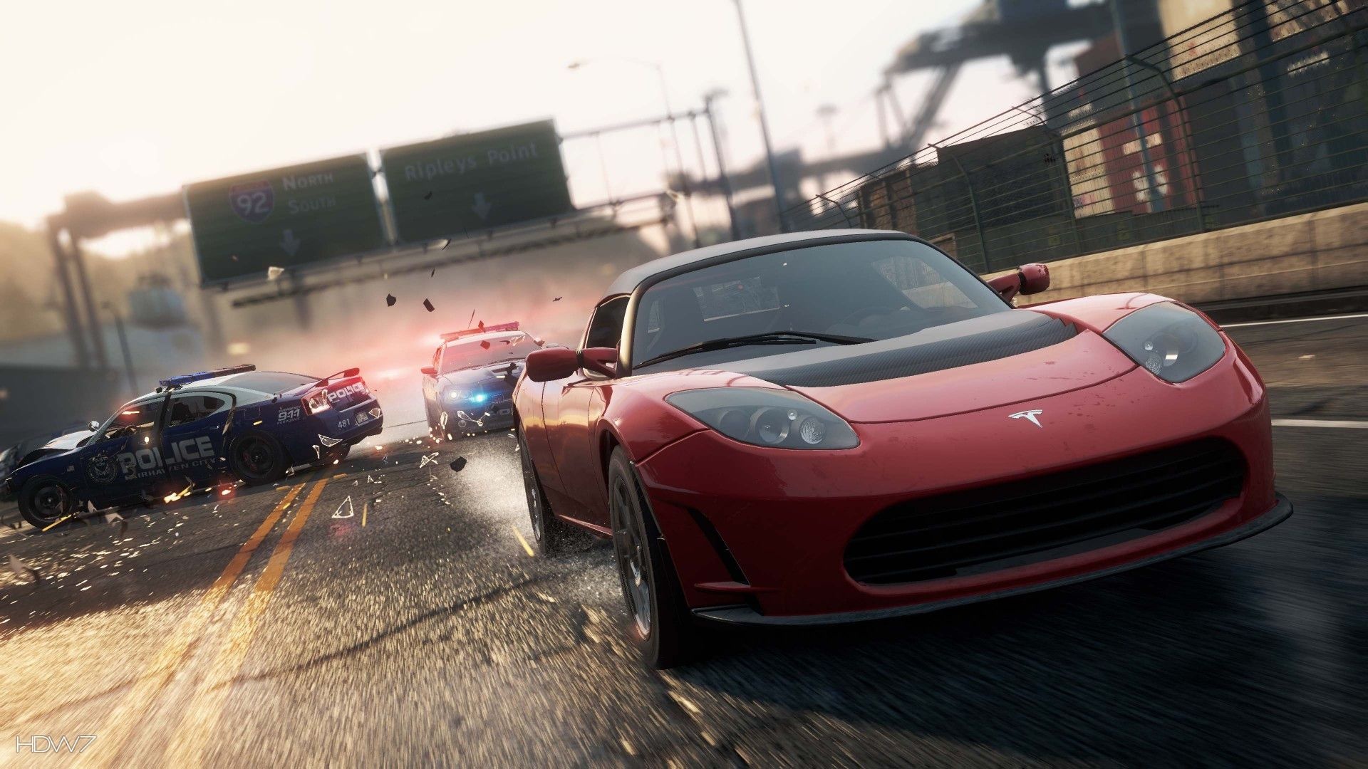 Tesla Roadster Sport, Dodge Charger police cruiser, Ripleys Point highway sign, Full HD Desktop wallpaper