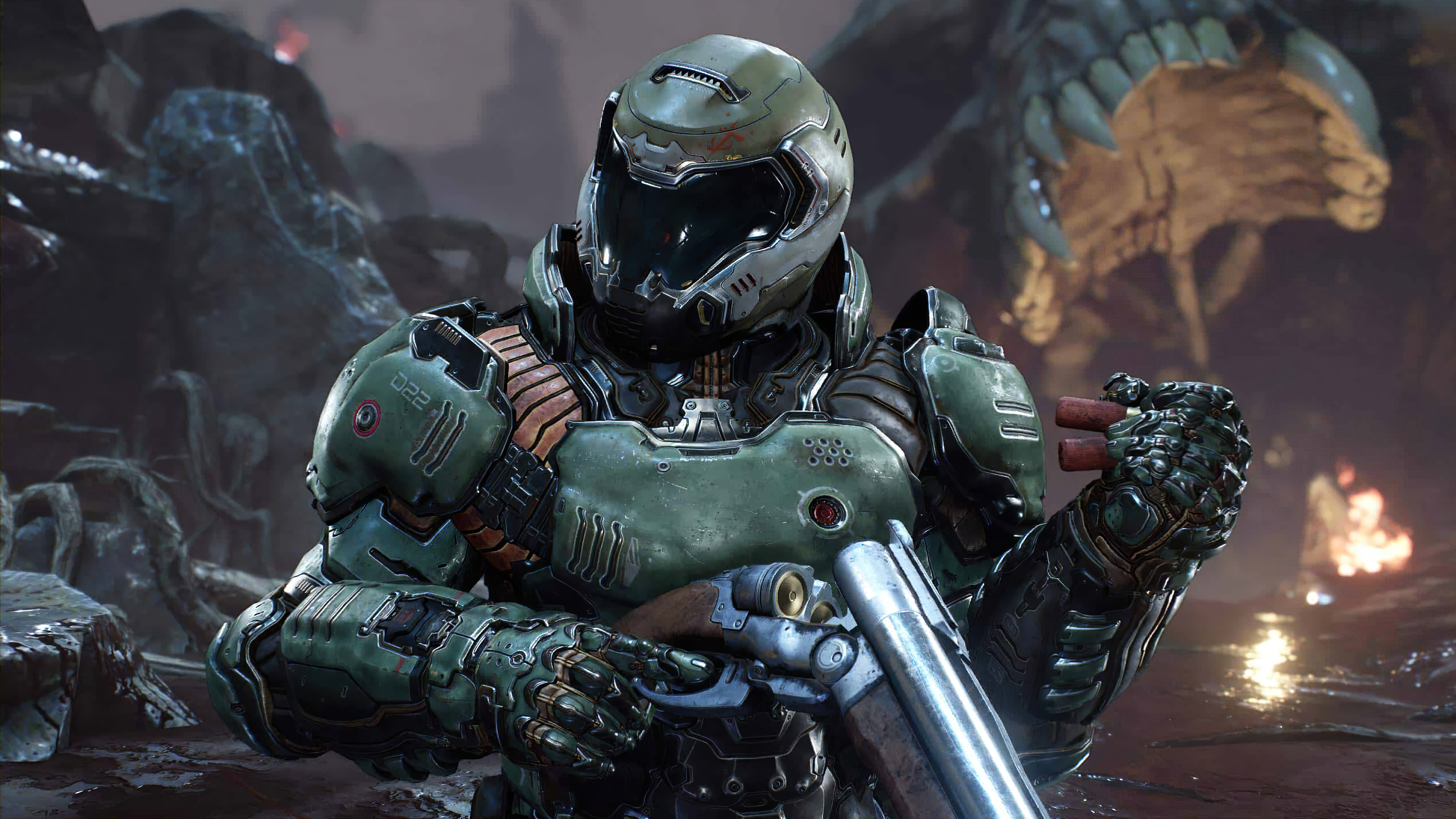 Doom Slayer, Praetor Suit, Super Shotgun, 4K Desktop wallpaper