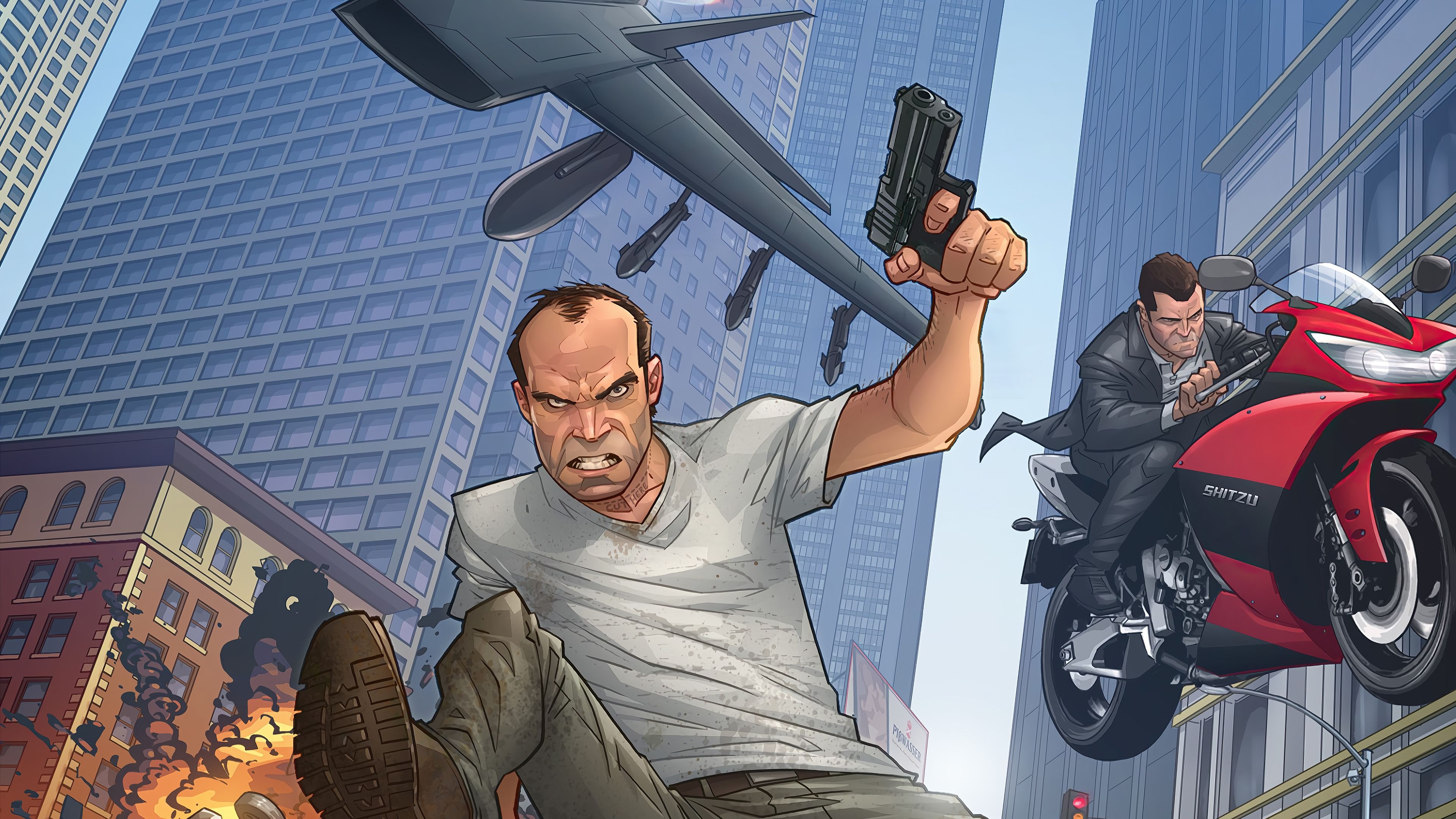 Trevor Philips firing pistol, Michael De Santa on red sportbike, Bomber plane dropping bombs, Downtown skyscraper canyon, Grand Theft Auto V artwork, 4K Desktop wallpaper