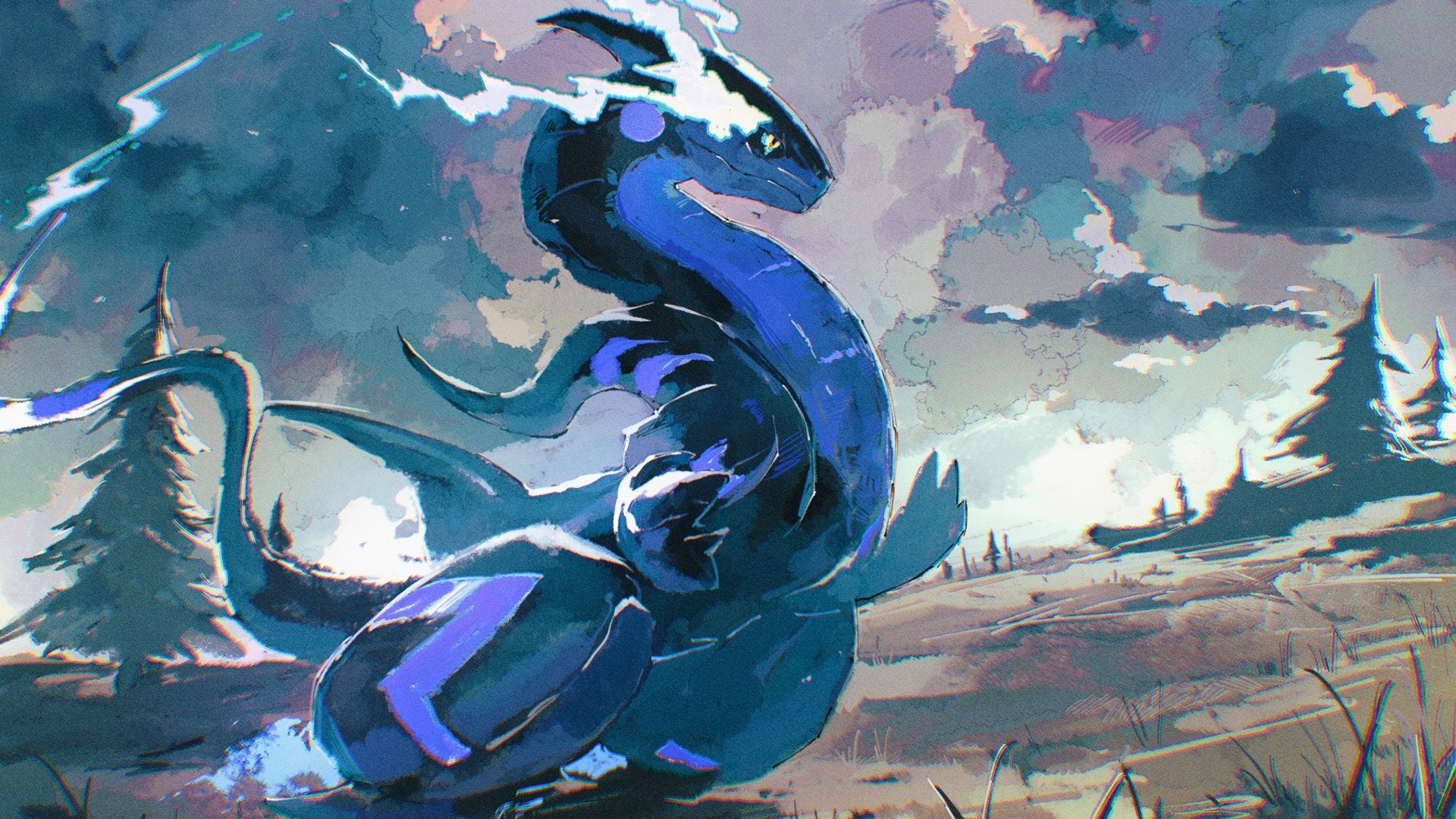 Miraidon, Paldea, Pokemon Scarlet and Violet, Grassy landscape, Dramatic cloudy sky, Full HD Desktop wallpaper
