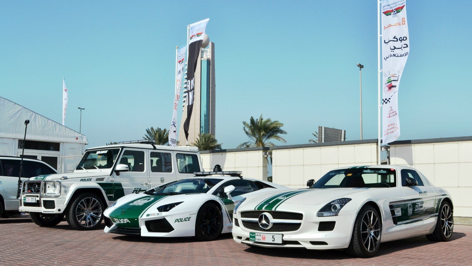 Mercedes-Benz SLS AMG Dubai Police, Lamborghini Aventador Dubai Police, Brabus Mercedes-Benz G-Class Dubai Police, Dubai Police supercar fleet, Full HD Desktop wallpaper