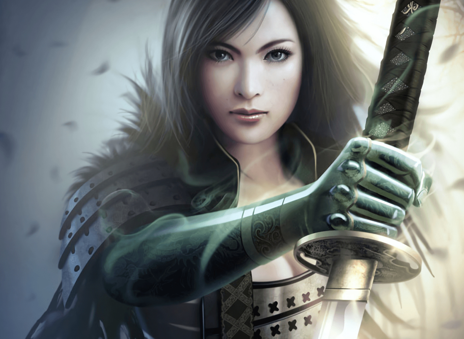 Female samurai warrior, Katana sword hilt, Green armored gauntlet, HD Desktop wallpaper