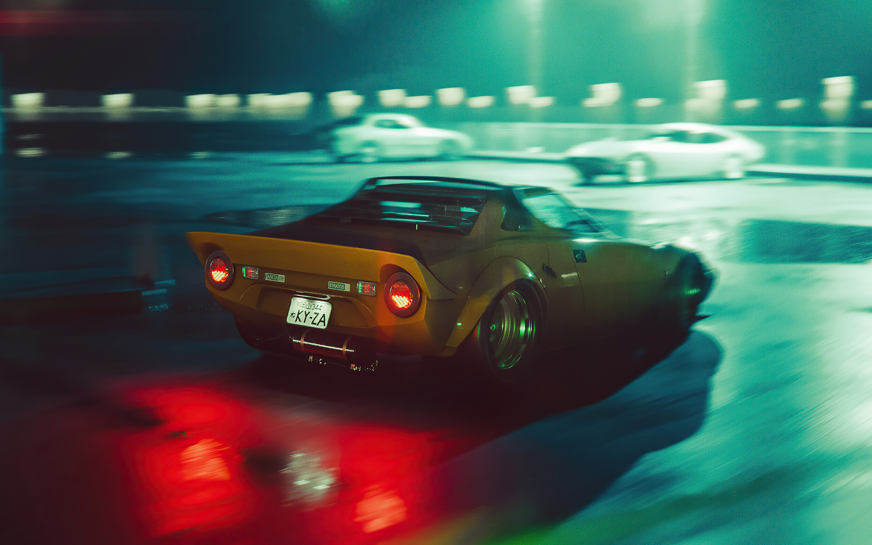 modified Lancia Stratos, KY-ZA license plate, wet night street drift, HD Desktop wallpaper
