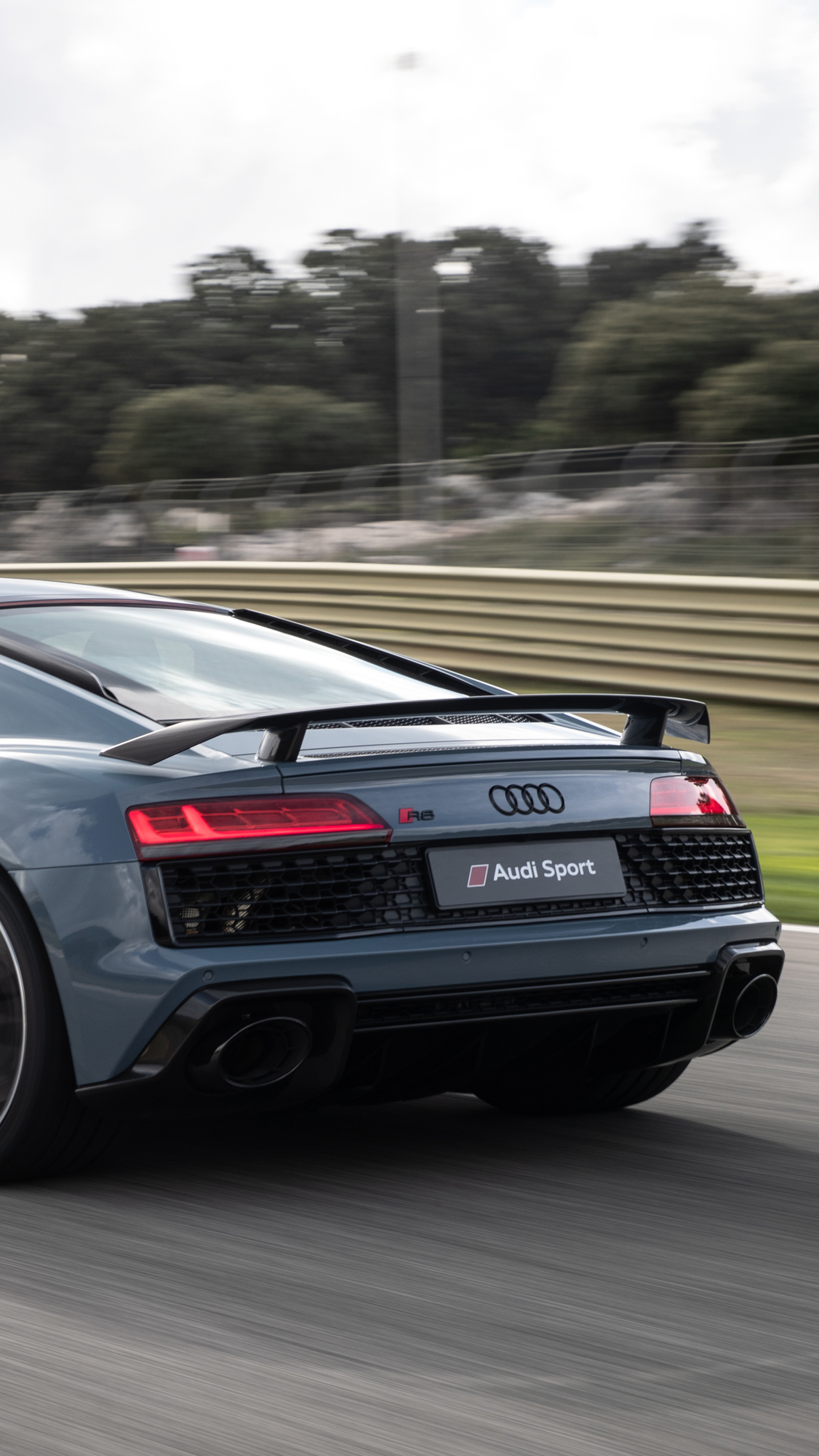Audi R8 V10 Performance, Audi Sport plate, racetrack barrier motion blur, 4K Phone wallpaper