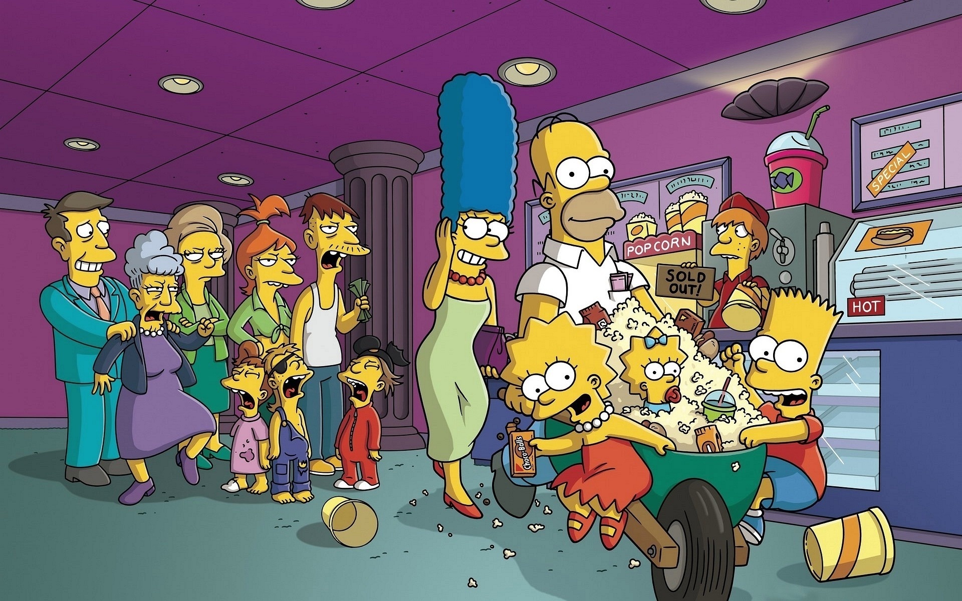 Bart Simpson, Homer Simpson, Marge Simpson, Lisa Simpson, Movie theater concession stand, HD Desktop wallpaper