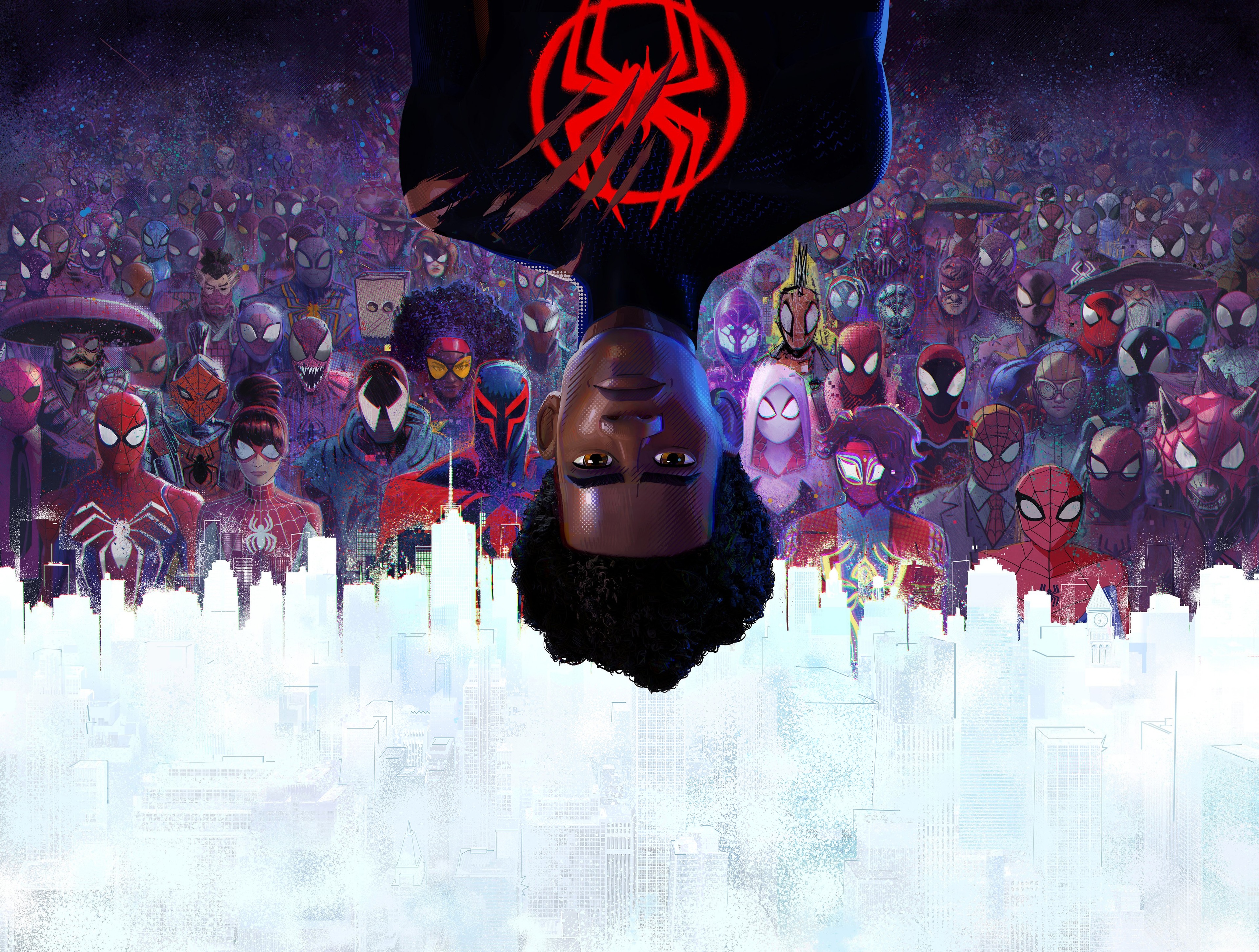 Across the Spider-Verse, Spider-Man 2099 (Miguel O'Hara), Miles Morales, Spider-Gwen (Gwen Stacy), Upside down figure, Red spider emblem, Masked crowd background, 4K Desktop wallpaper