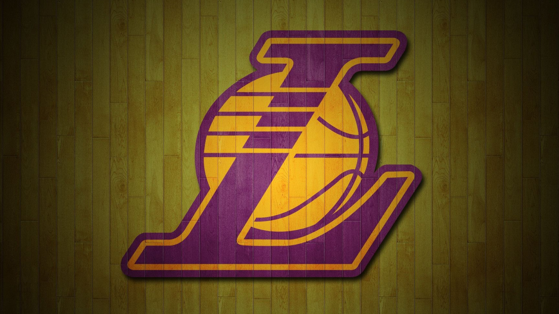 Los Angeles Lakers L logo, Gold basketball behind letter, Olive hardwood court backdrop, Full HD Desktop wallpaper