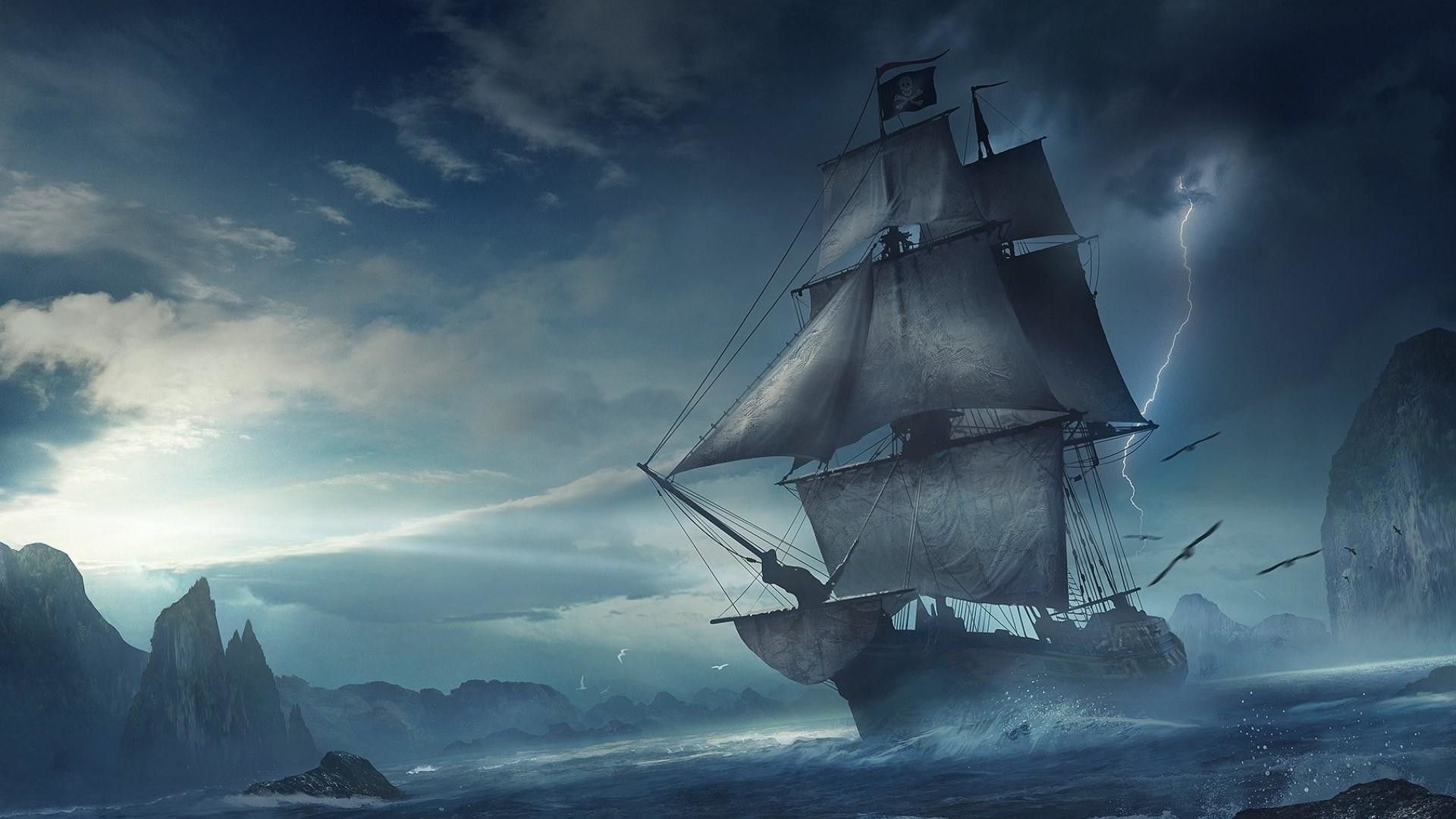 Jolly Roger pirate galleon, Stormy ocean lightning bolt, Rugged coastal rock cliffs, Full HD Desktop wallpaper