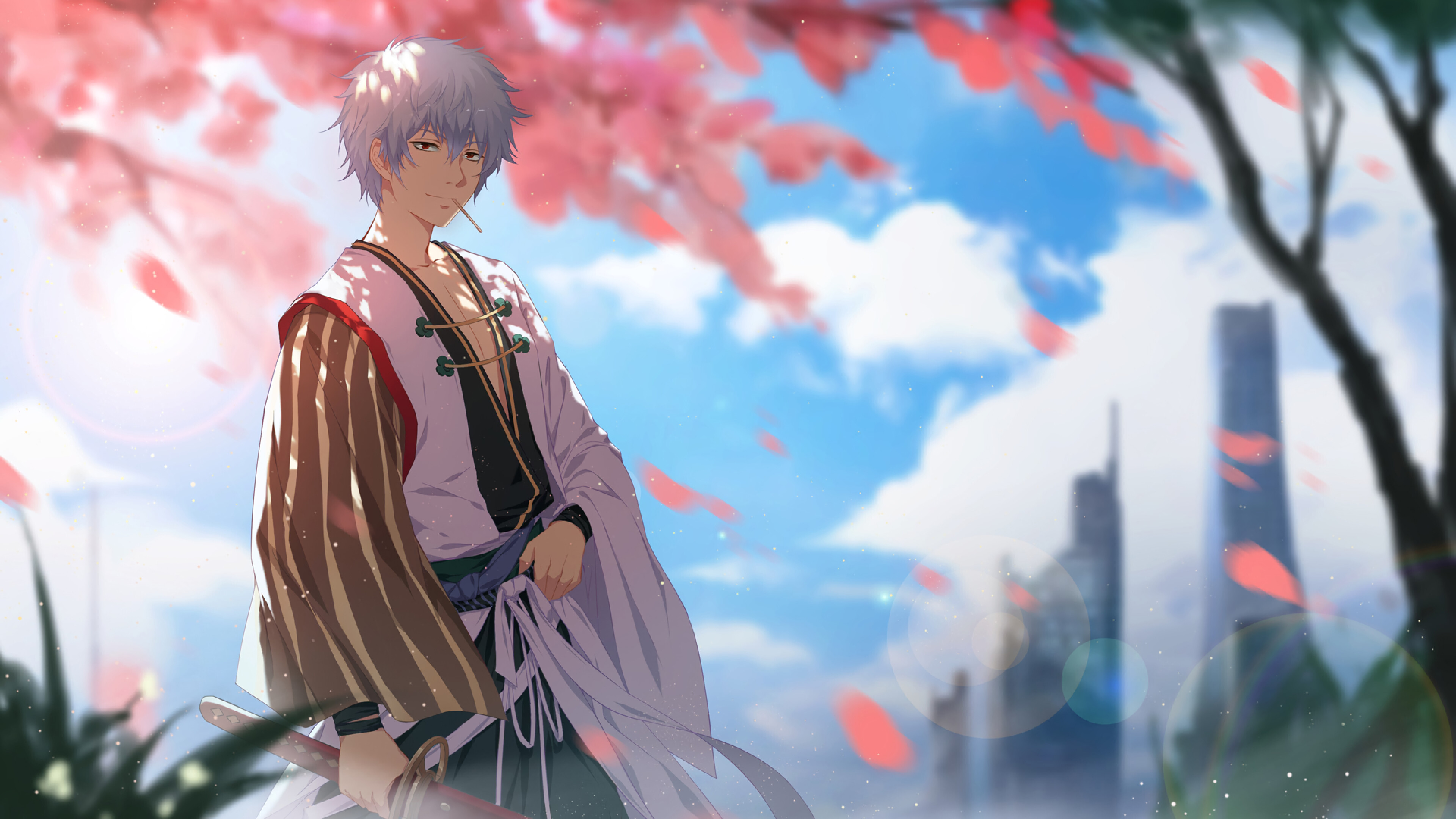 Gintoki Sakata, Sakura blossom backdrop, Smiling expression, Serene moments, 3840x2160 4K Desktop