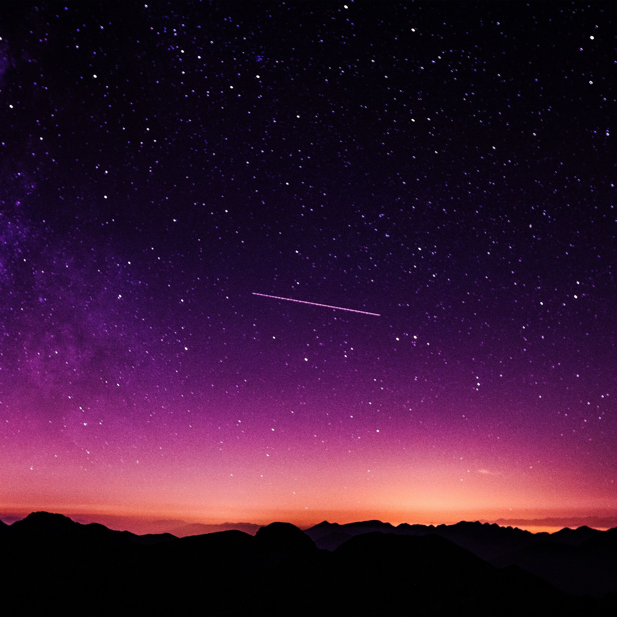 shooting star streak, silhouette mountain ridges, purple starry sky, HD Phone wallpaper