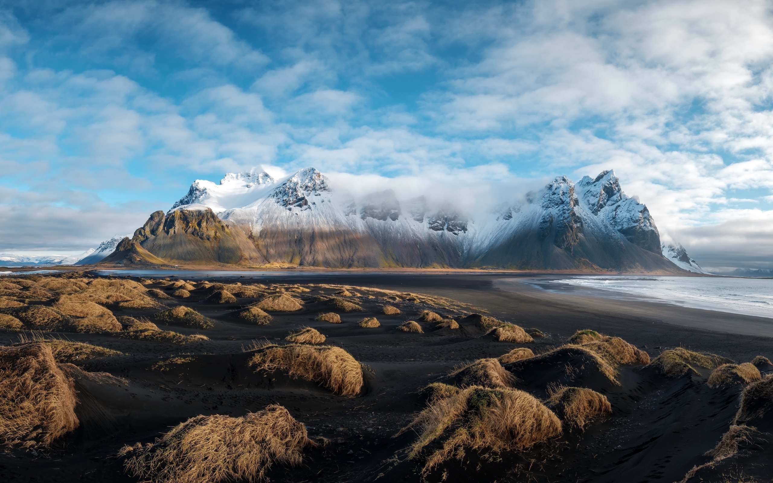 Vestrahorn mountain, Stokksnes black sand dunes, partly cloudy blue sky, HD Desktop wallpaper