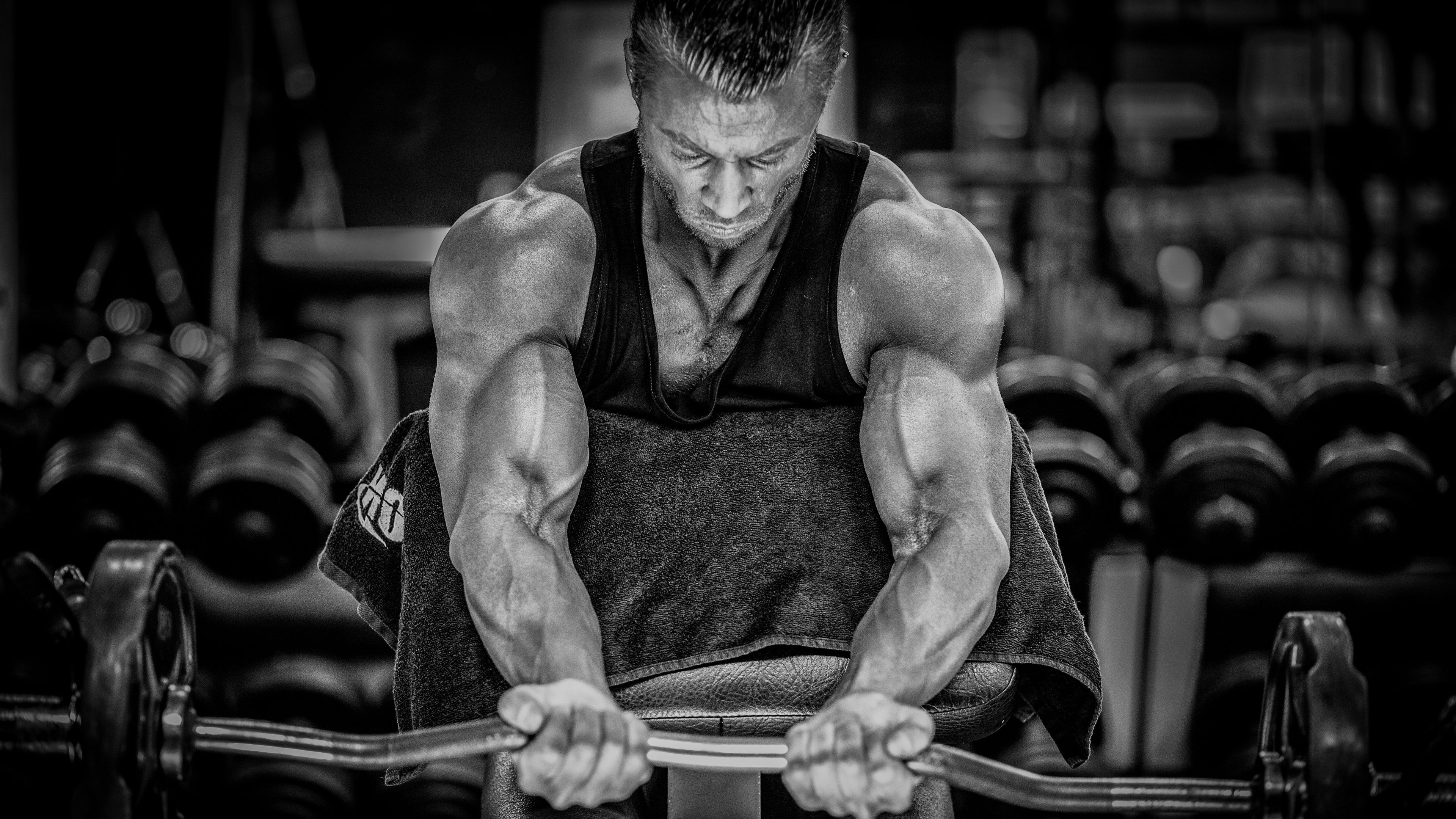 Bodybuilder bicep curl, EZ curl barbell, Preacher curl bench, 4K Desktop wallpaper