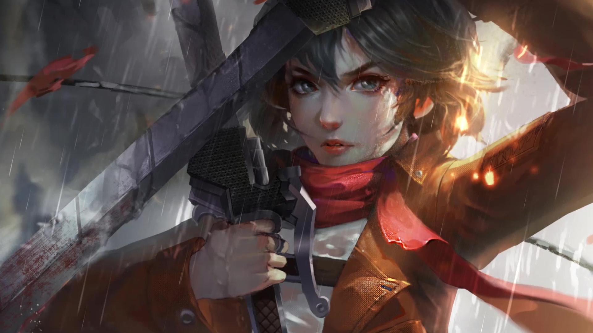 Mikasa Ackerman, ultrahard steel blade, red scarf, Full HD Desktop wallpaper
