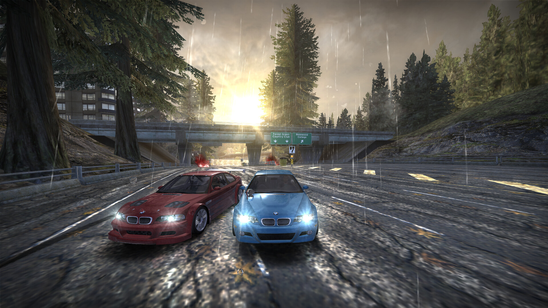BMW M3 GTR, Need for Speed Most Wanted, Forest Green Country Club sign, Full HD Desktop wallpaper