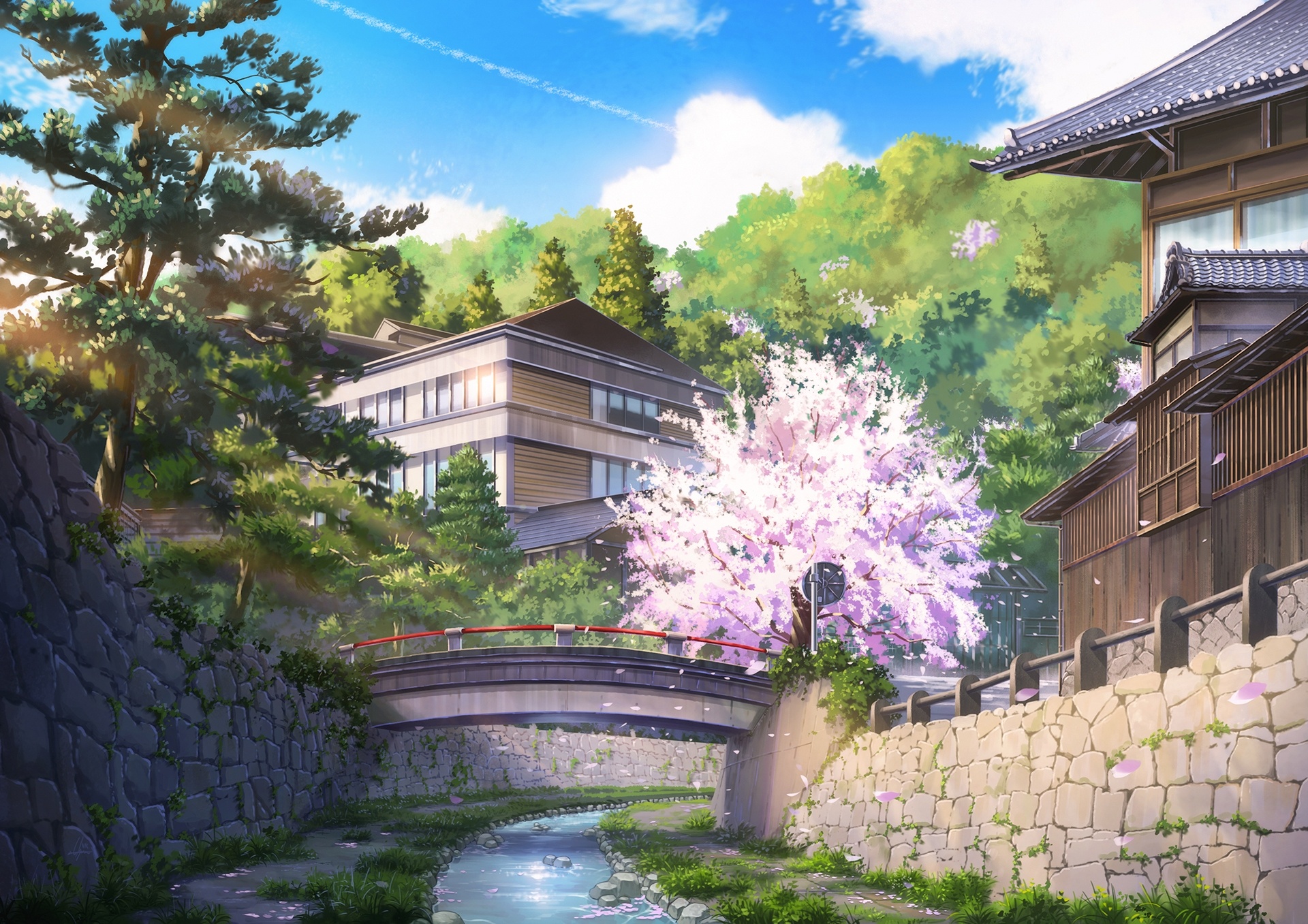 Blooming cherry blossom tree, Arched bridge over stream, Traditional Japanese ryokan buildings, HD Desktop wallpaper