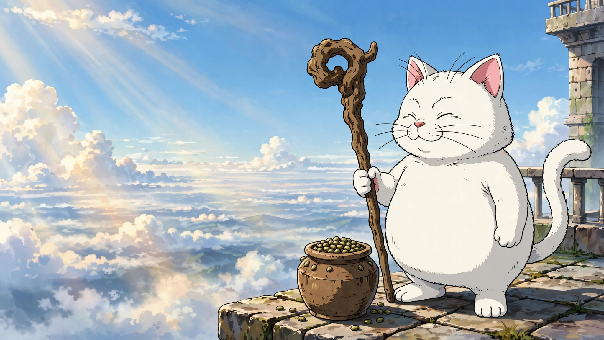 Korin, Wooden staff, Korin Tower top, Jar of Senzu Beans, Above the clouds, Dragon Ball, HD Desktop wallpaper