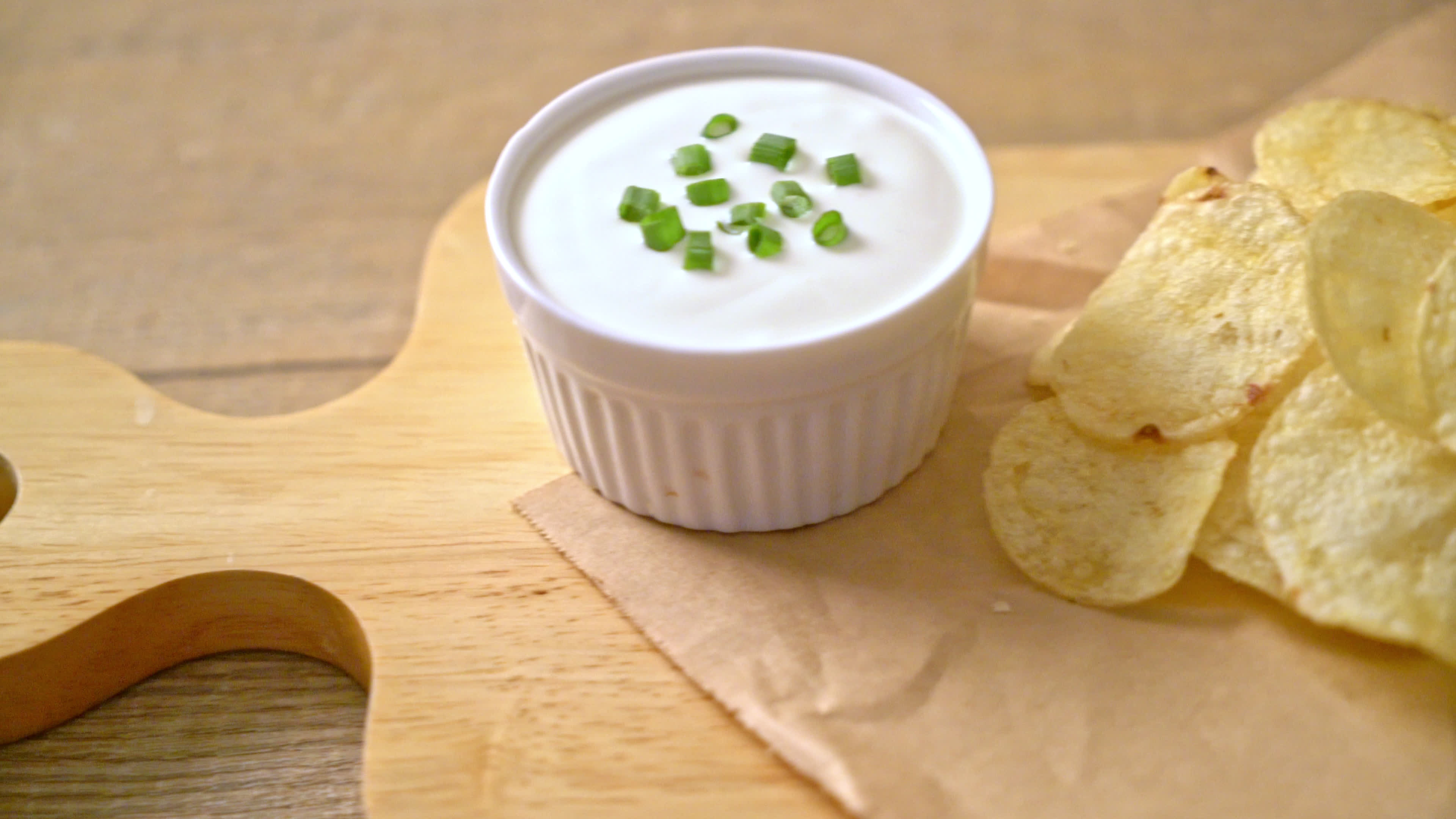 Potato chips, Sour cream dipping sauce, Mouthwatering treat, Stock video, 3840x2160 4K Desktop