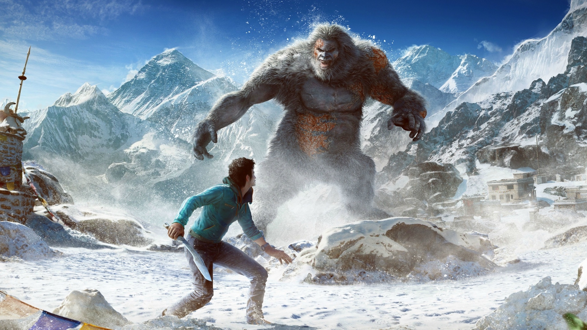 Far Cry 4: Valley of the Yetis, Ajay Ghale holding kukri, Giant Yeti monster, Snowy Himalayan mountains, Full HD Desktop wallpaper