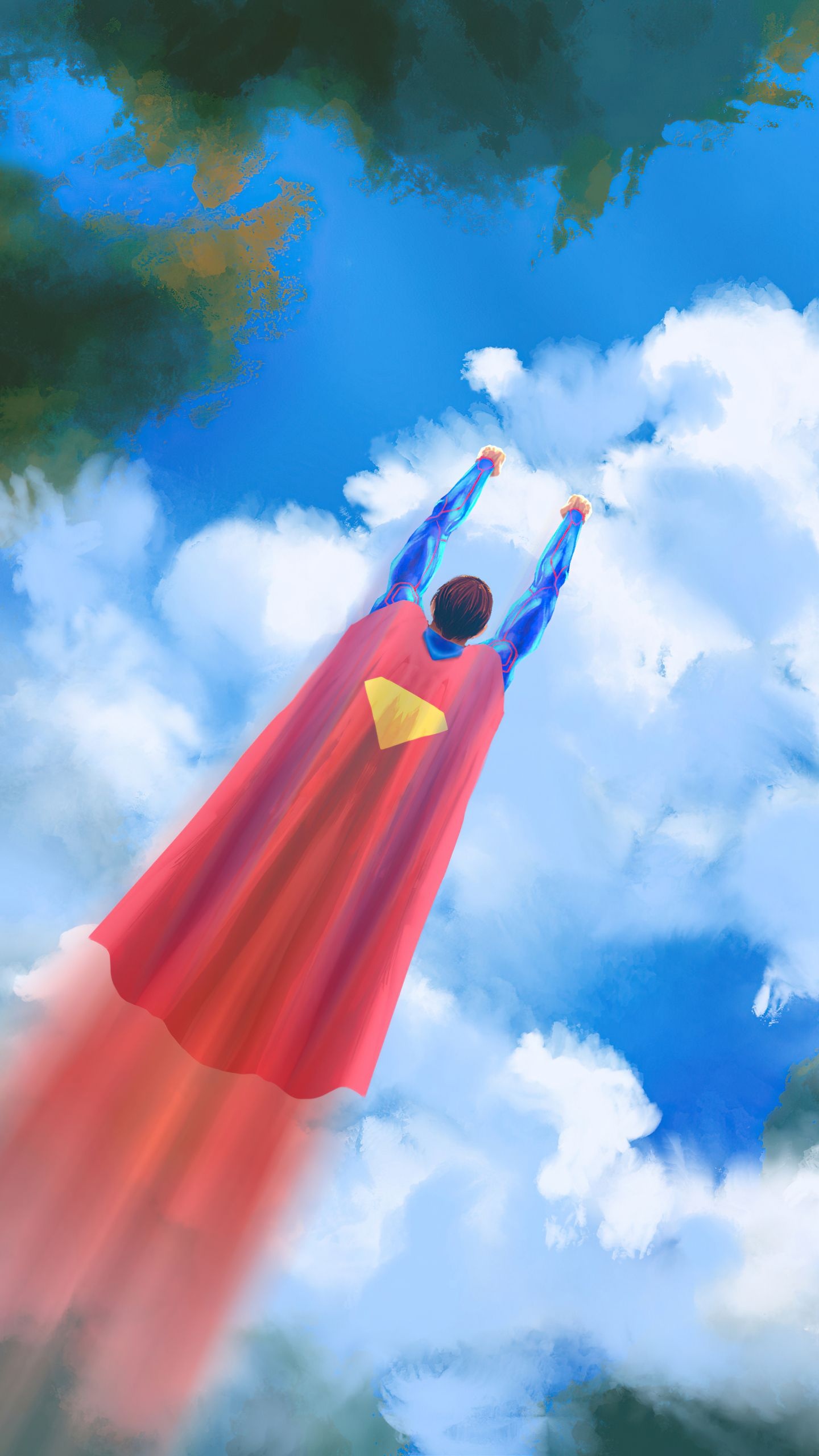 Superman, Red superhero cape, Blue sky and clouds, HD Phone wallpaper