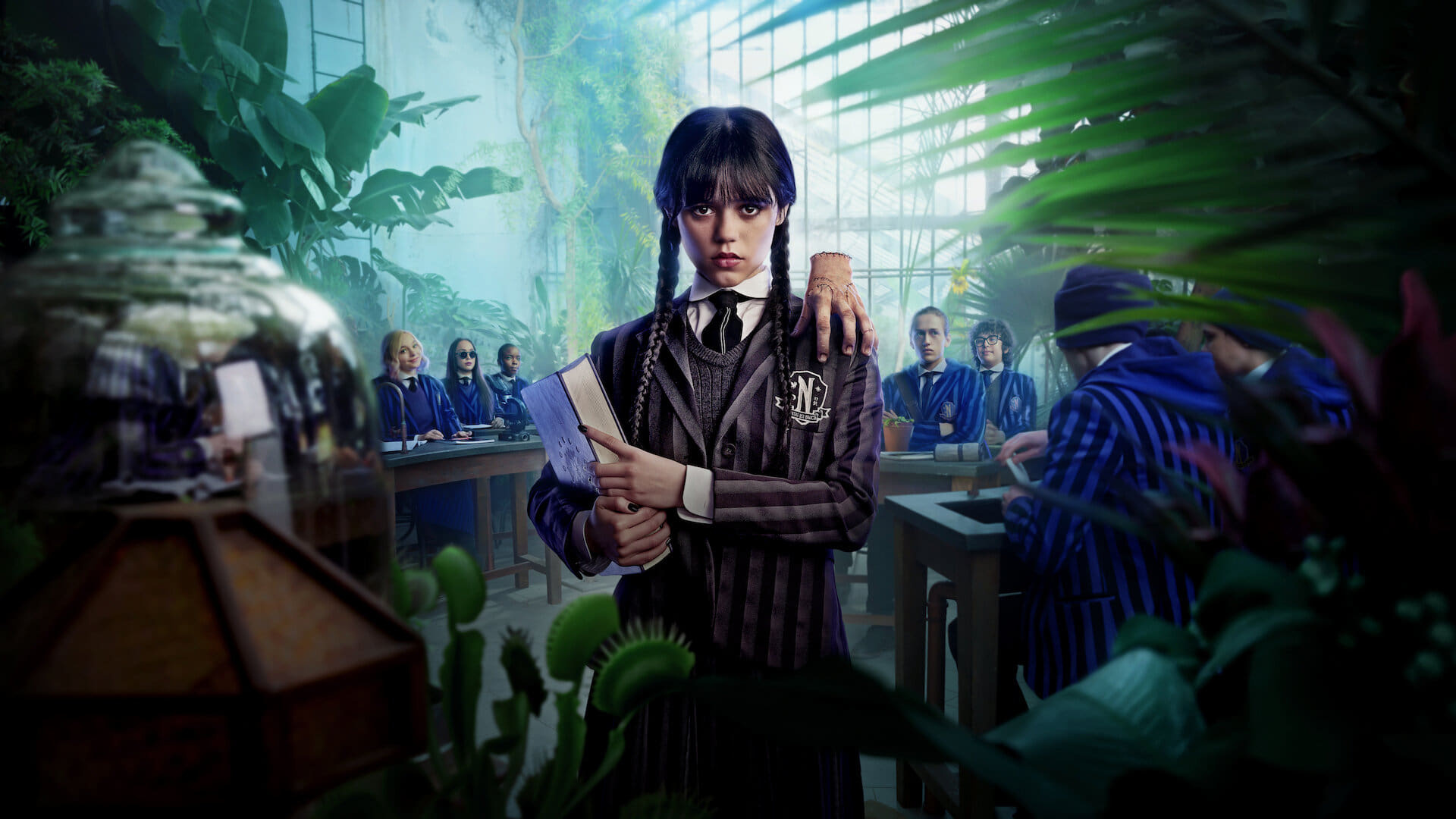 Wednesday Addams, Thing, Nevermore Academy greenhouse, Full HD Desktop wallpaper