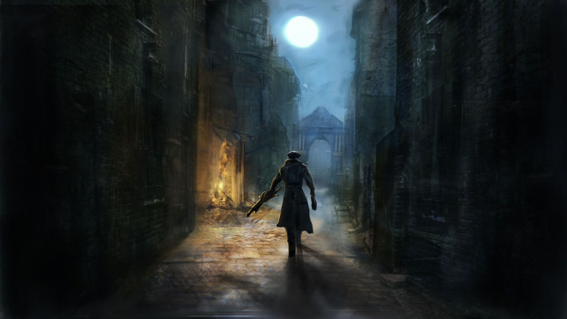 Bloodborne Hunter, Central Yharnam street, bright full moon, Full HD Desktop wallpaper