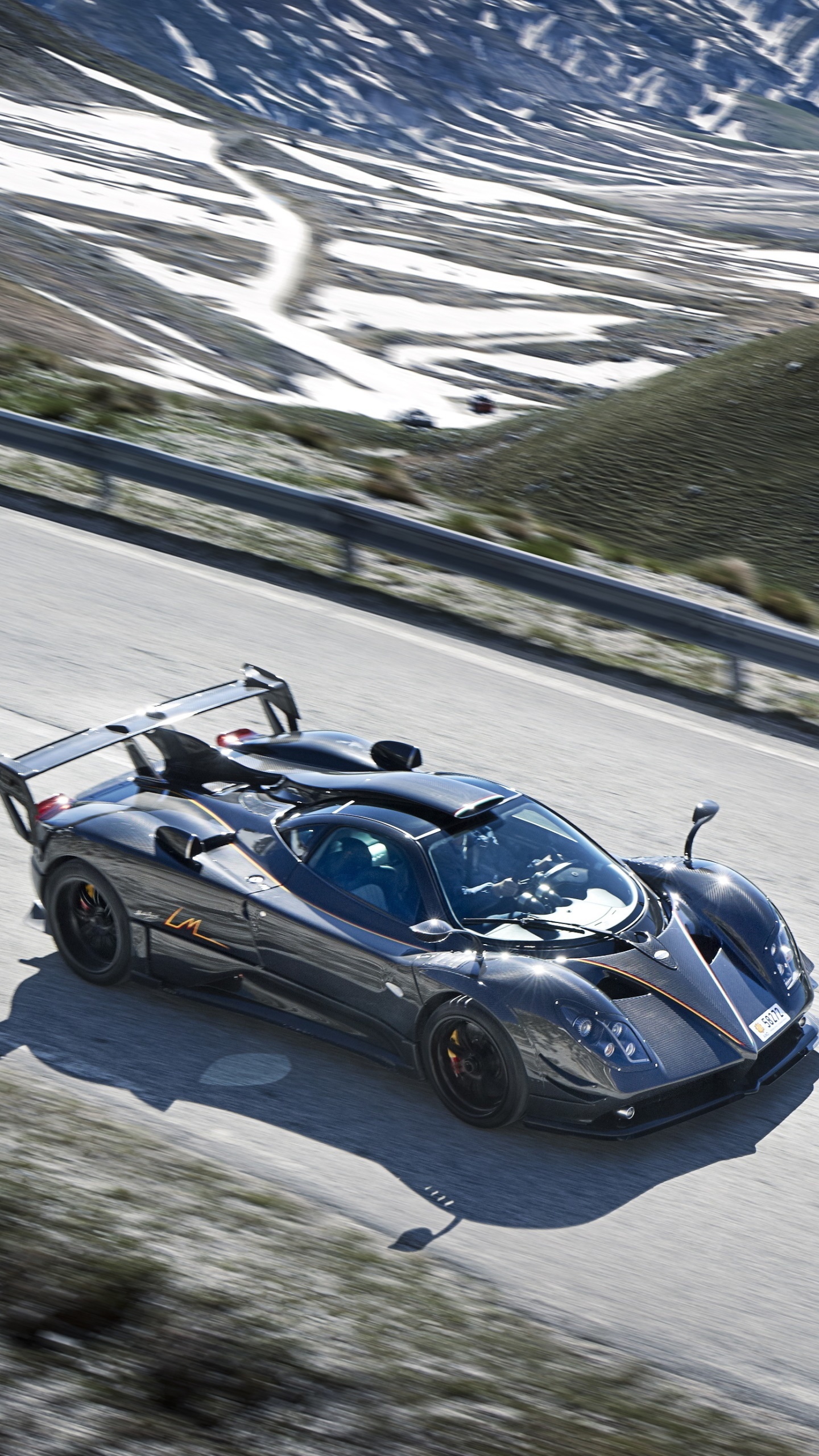 Pagani Zonda 760 LM, snowy mountain pass road, exposed carbon fiber body, HD Phone wallpaper