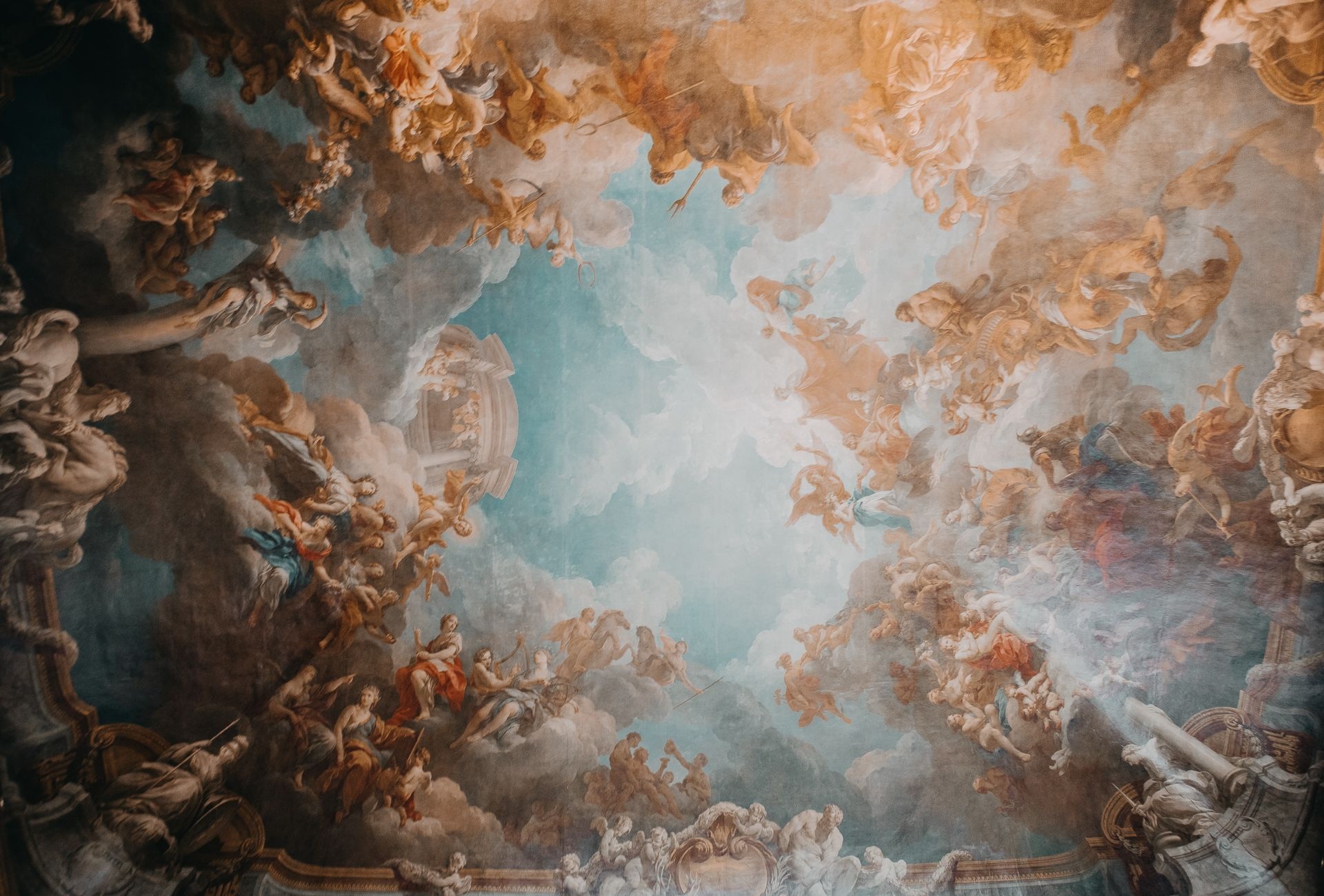Rococo ceiling fresco, Classical mythological deities, Trompe-l'œil sky mural, HD Desktop wallpaper