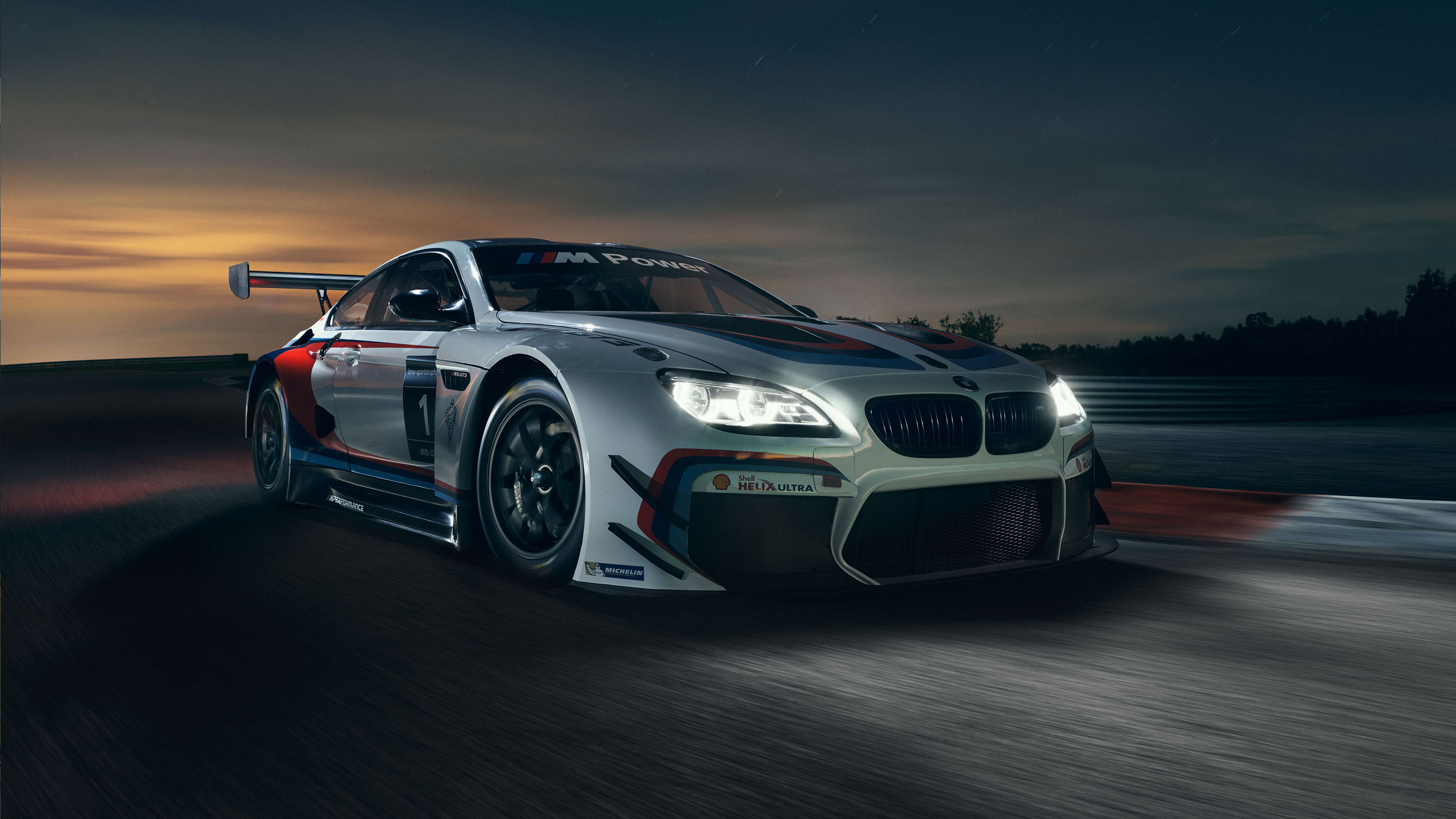 BMW M6 GT3 race car, Asphalt racetrack at dusk, Illuminated race car headlights, HD Desktop wallpaper