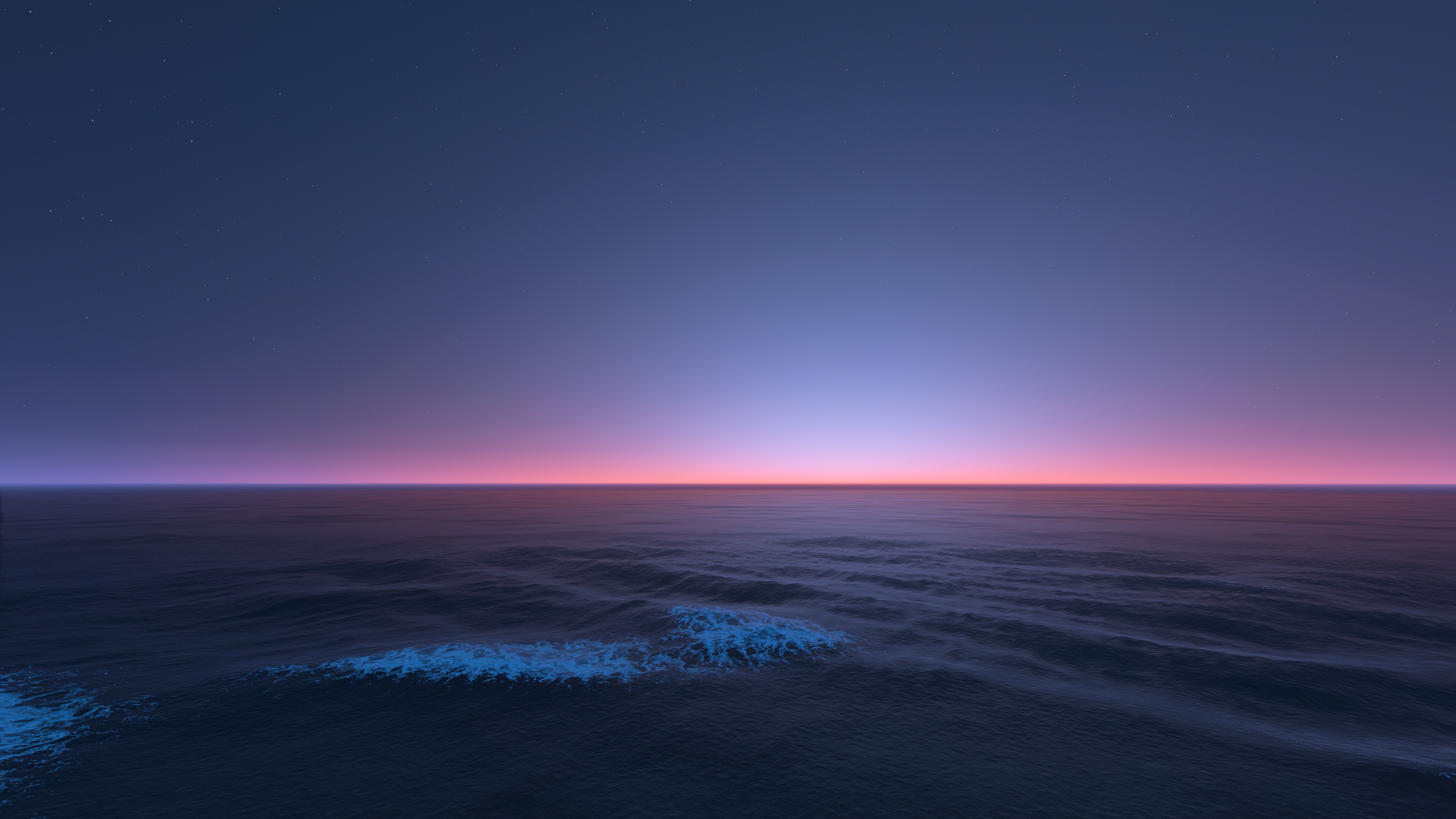 Pink dusk ocean horizon, Foamy dark ocean waves, Faint starry twilight sky, 4K Desktop wallpaper