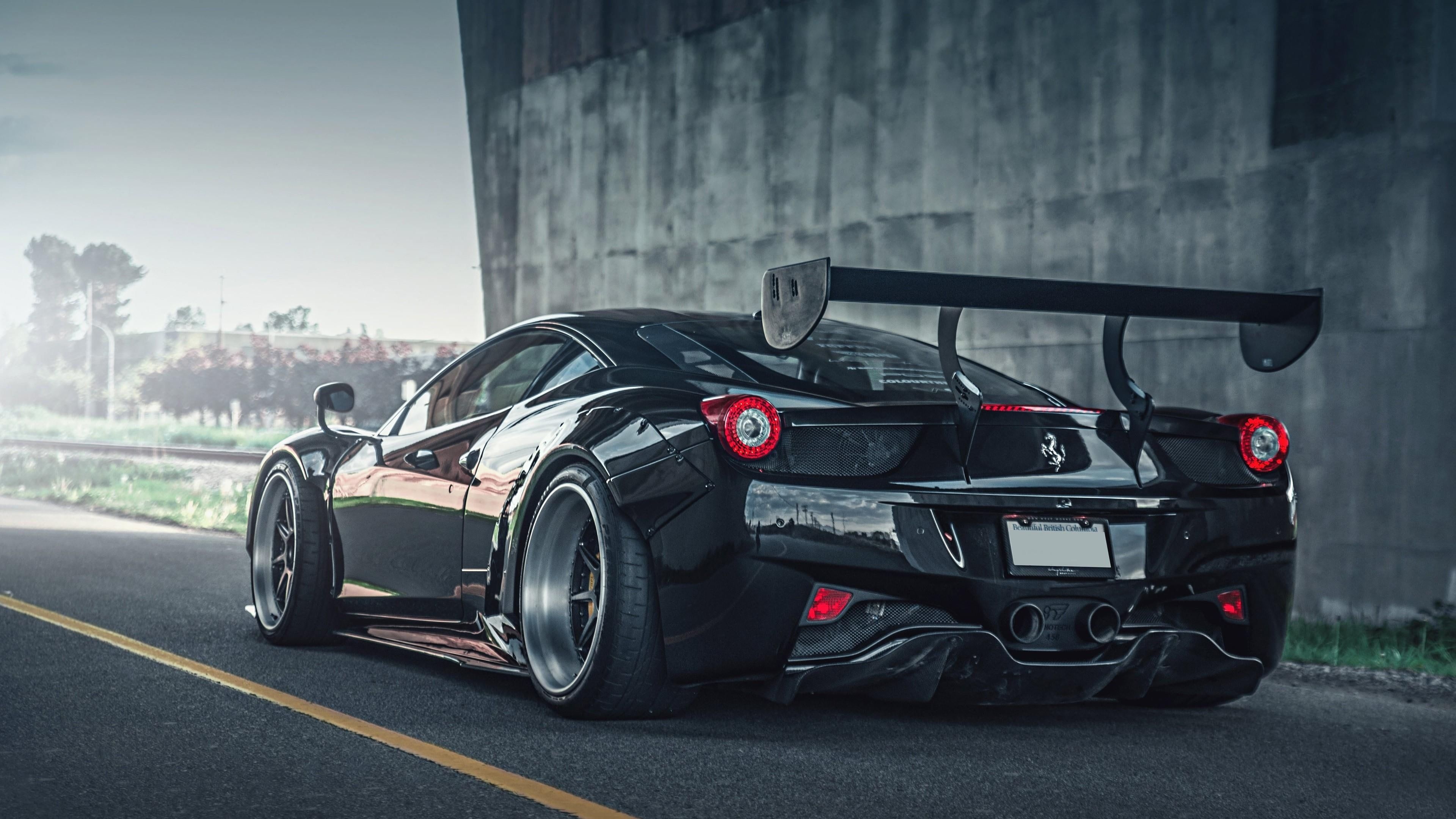 Liberty Walk Ferrari 458 Italia, swan neck rear wing, industrial concrete wall, 4K Desktop wallpaper