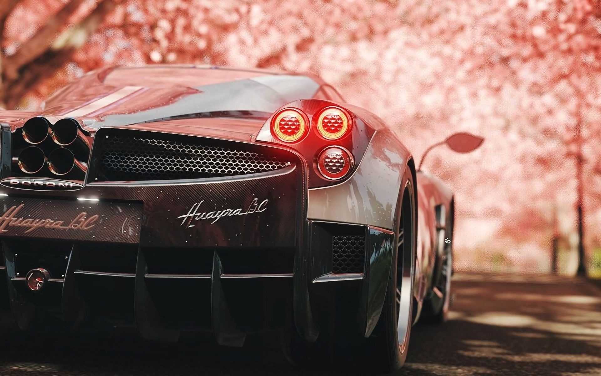 Pagani Huayra BC, Huayra BC lettering, cherry blossom trees, HD Desktop wallpaper