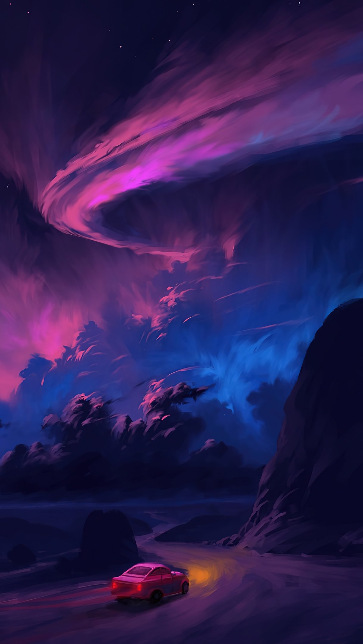 pink vintage car, swirling magenta aurora, winding night mountain road, HD Phone wallpaper