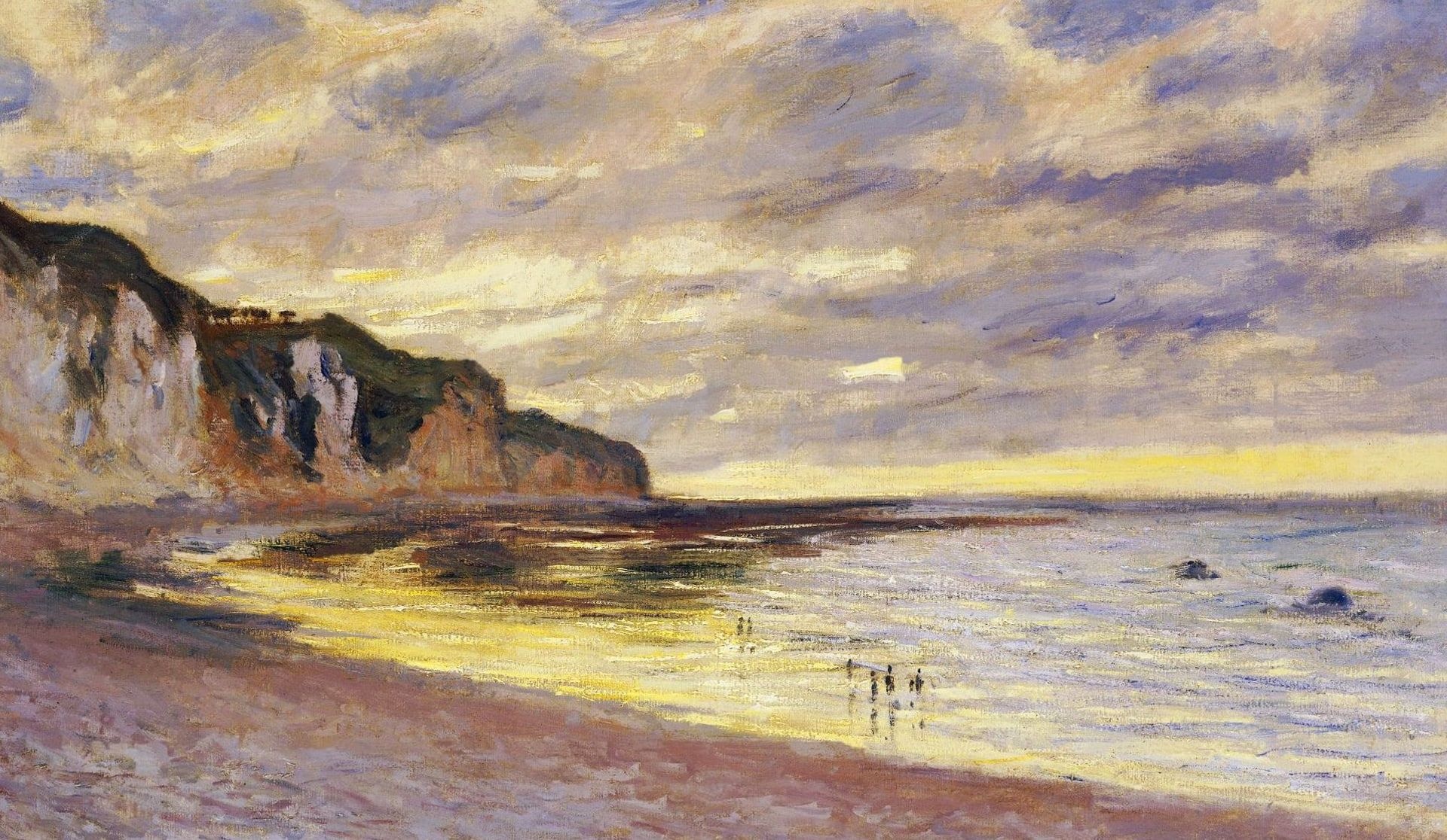 Low Tide at Pourville, Normandy coast chalk cliffs, sunset reflecting on water, HD Desktop wallpaper