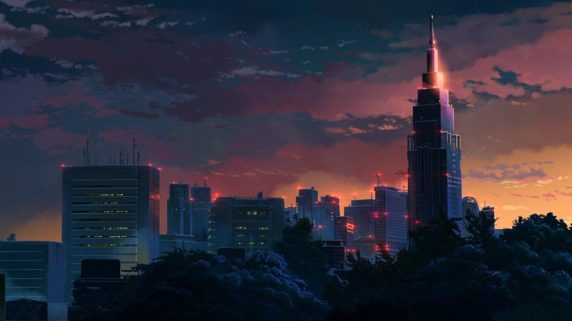 NTT Docomo Yoyogi Building, Shinjuku city skyline, twilight sunset clouds, Full HD Desktop wallpaper