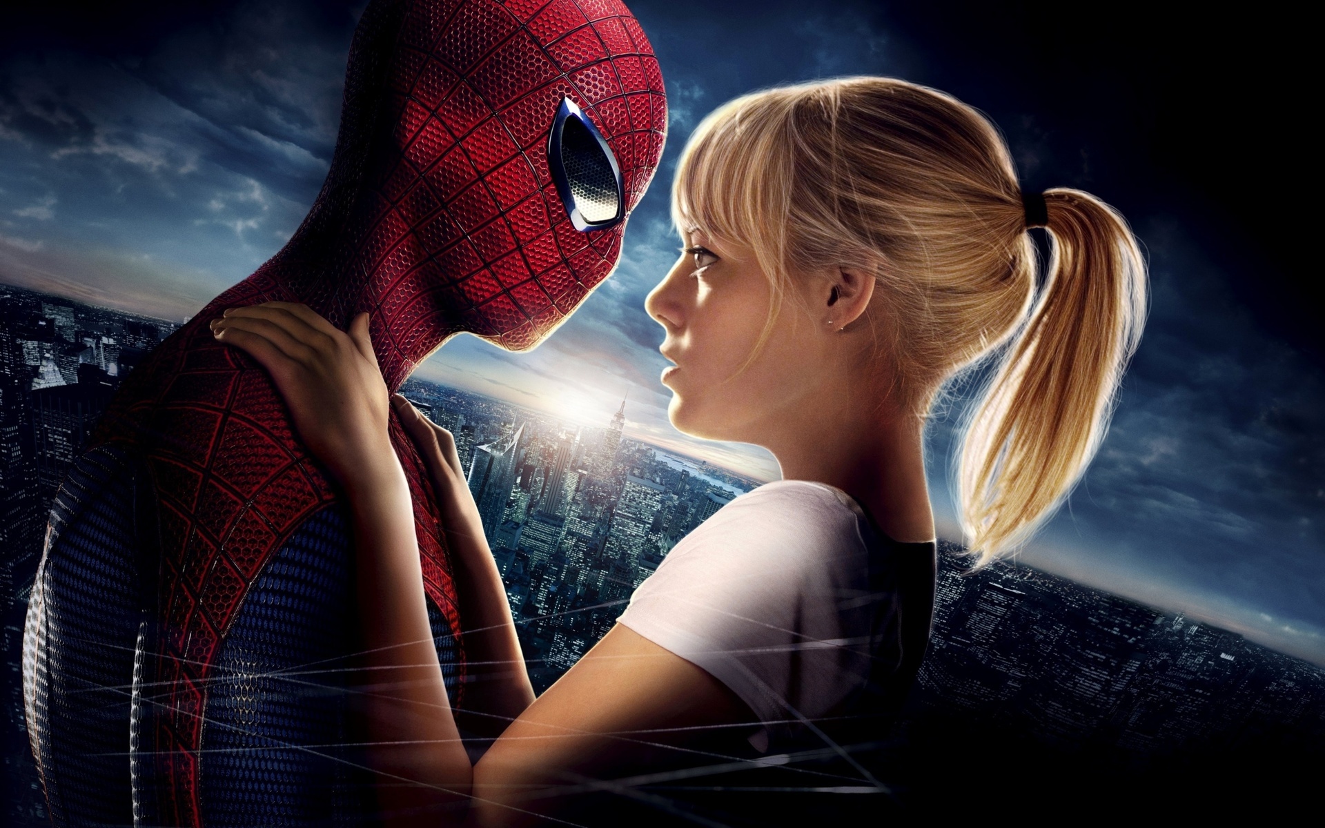 The Amazing Spider-Man, Emma Stone as Gwen Stacy, Manhattan skyline at dusk, HD Desktop wallpaper