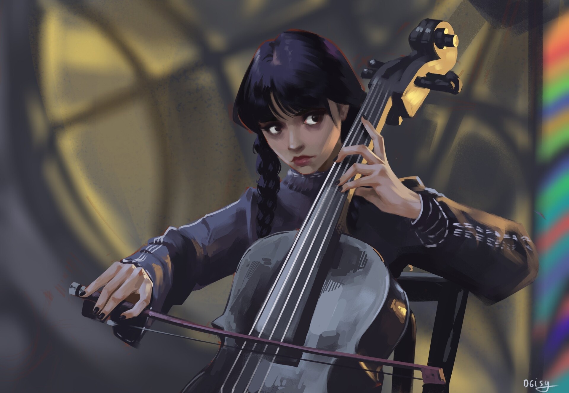 Wednesday Addams, black cello, stained glass window, HD Desktop wallpaper