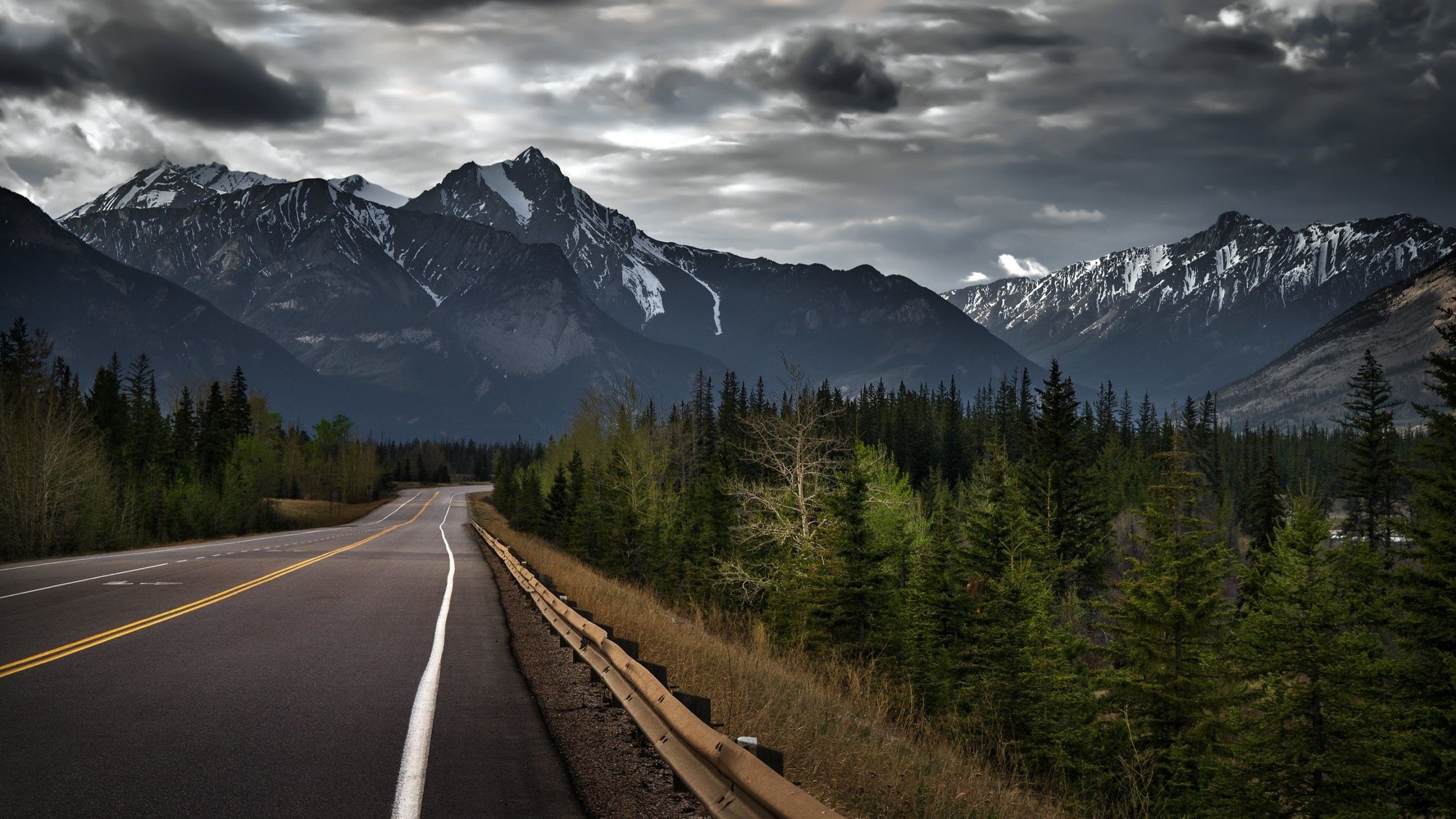 Canadian Rockies highway, snow-capped mountain peaks, coniferous pine forest, HD Desktop wallpaper