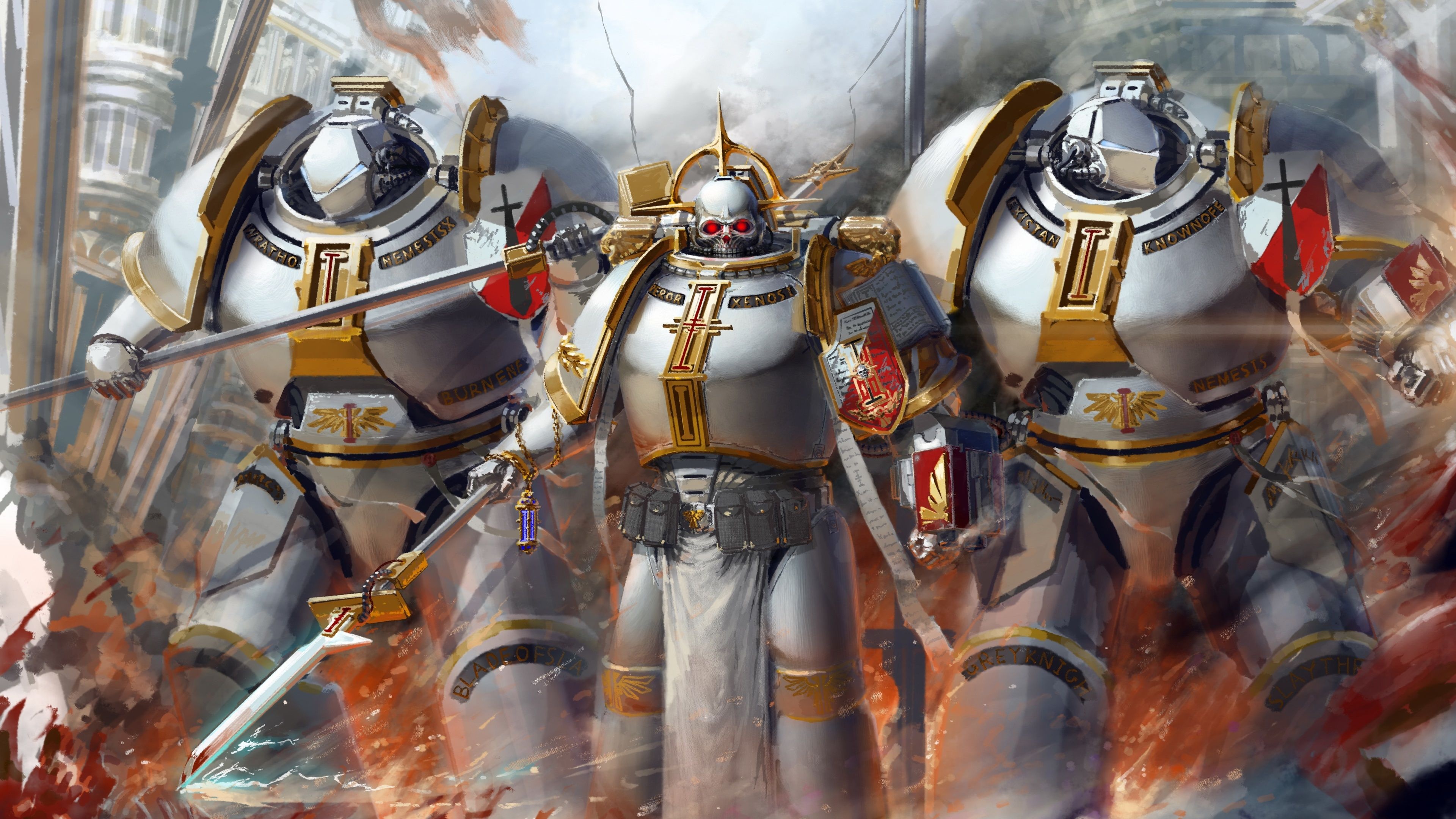 Warhammer 40,000 Grey Knights, Nemesis force weapon, Inquisition heraldic armor, 4K Desktop wallpaper