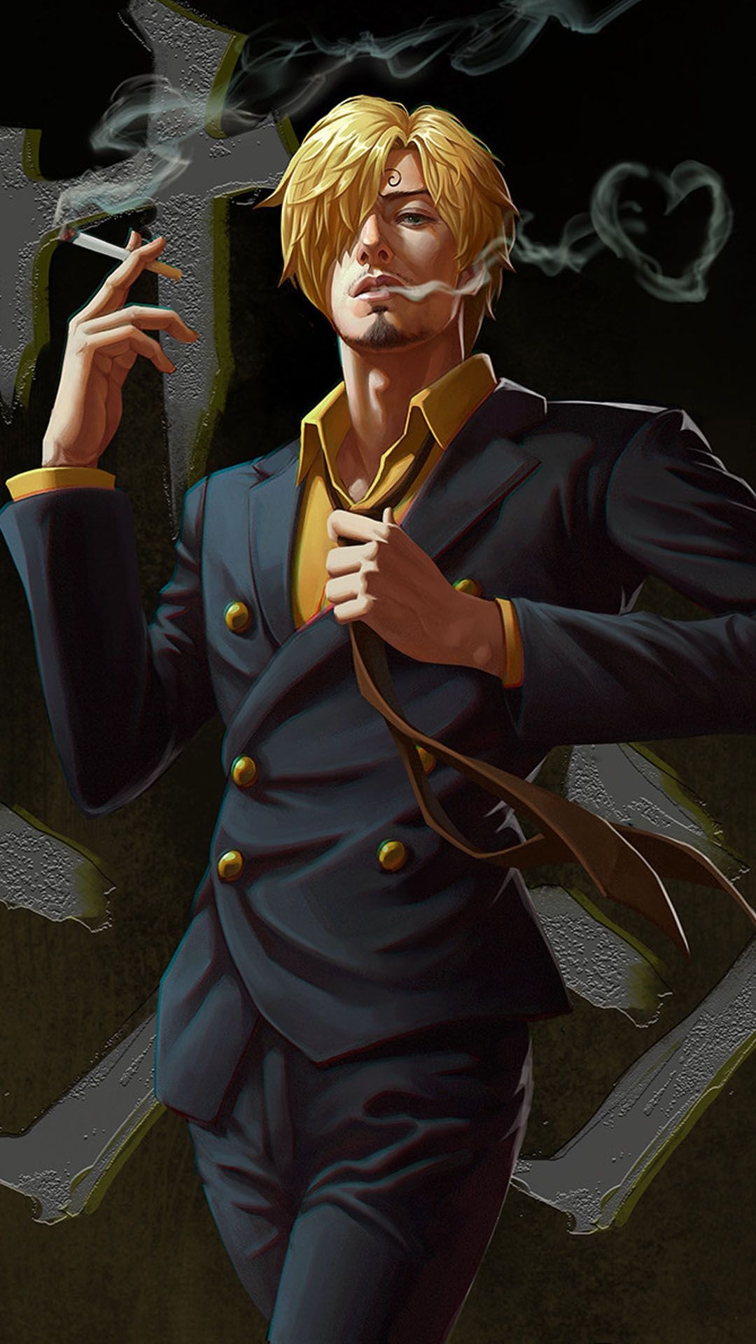 Vinsmoke Sanji, heart-shaped cigarette smoke, double-breasted navy suit, Full HD Phone wallpaper