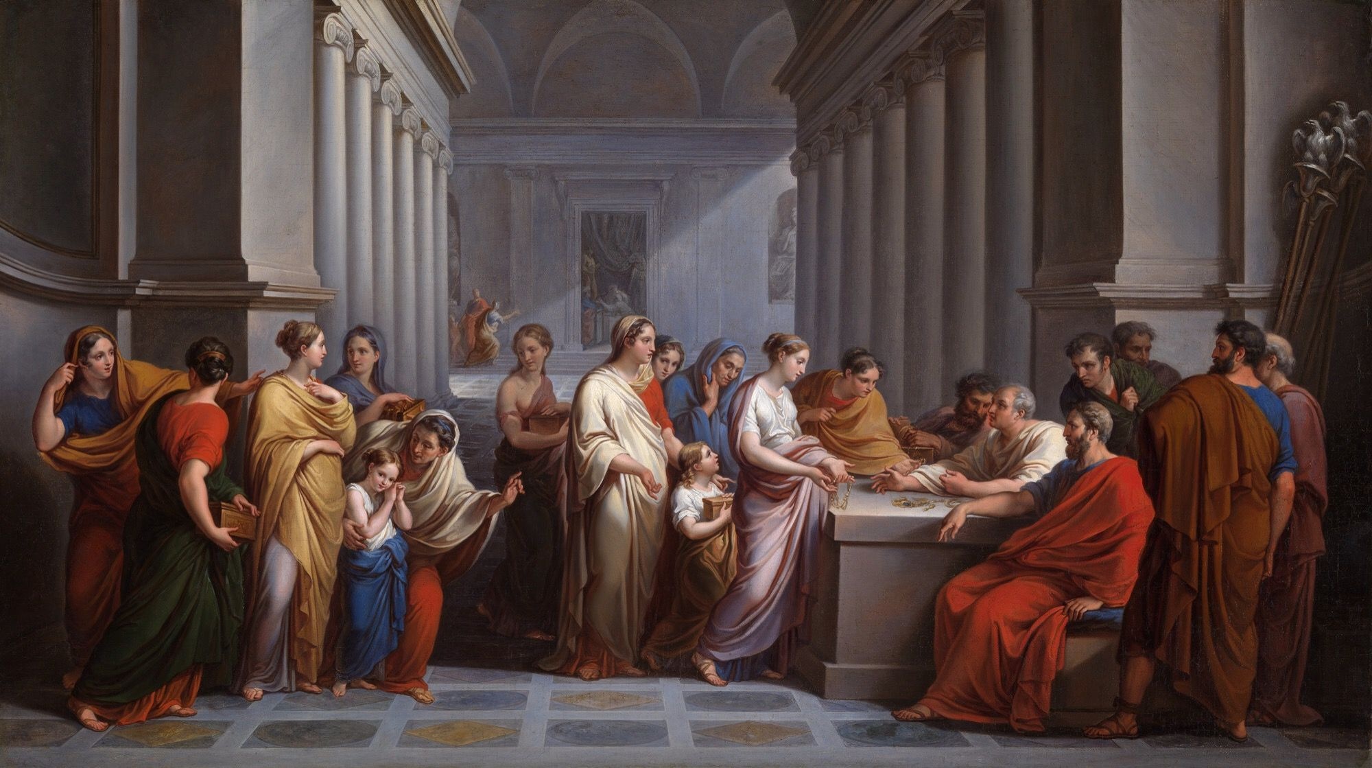 Classical history painting, Ancient Roman matrons, Classical colonnade hall, HD Desktop wallpaper