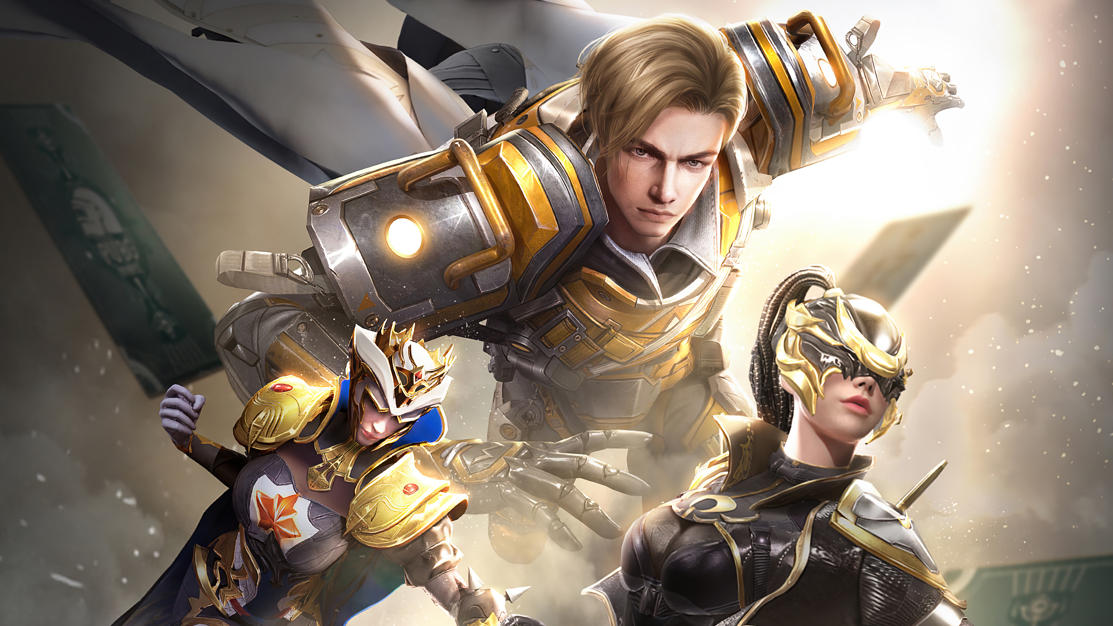 PUBG Mobile, blonde armored mecha warrior, female warrior golden visor, winged helmet paladin, 4K Desktop wallpaper